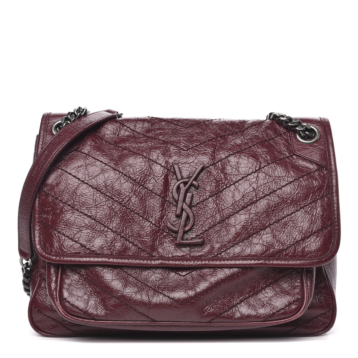 Crinkled Calfskin Matelasse Monogram Medium Niki Chain Satchel Burgundy