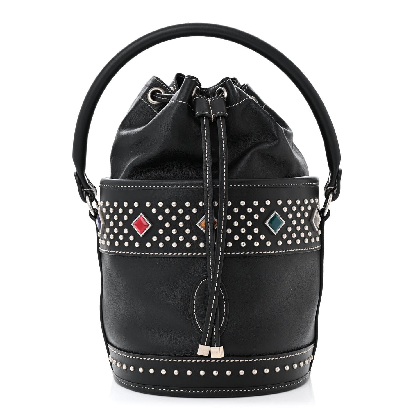 Smooth Calfskin Studded Small Bahia Drawstring Bucket Bag Black Multicolor