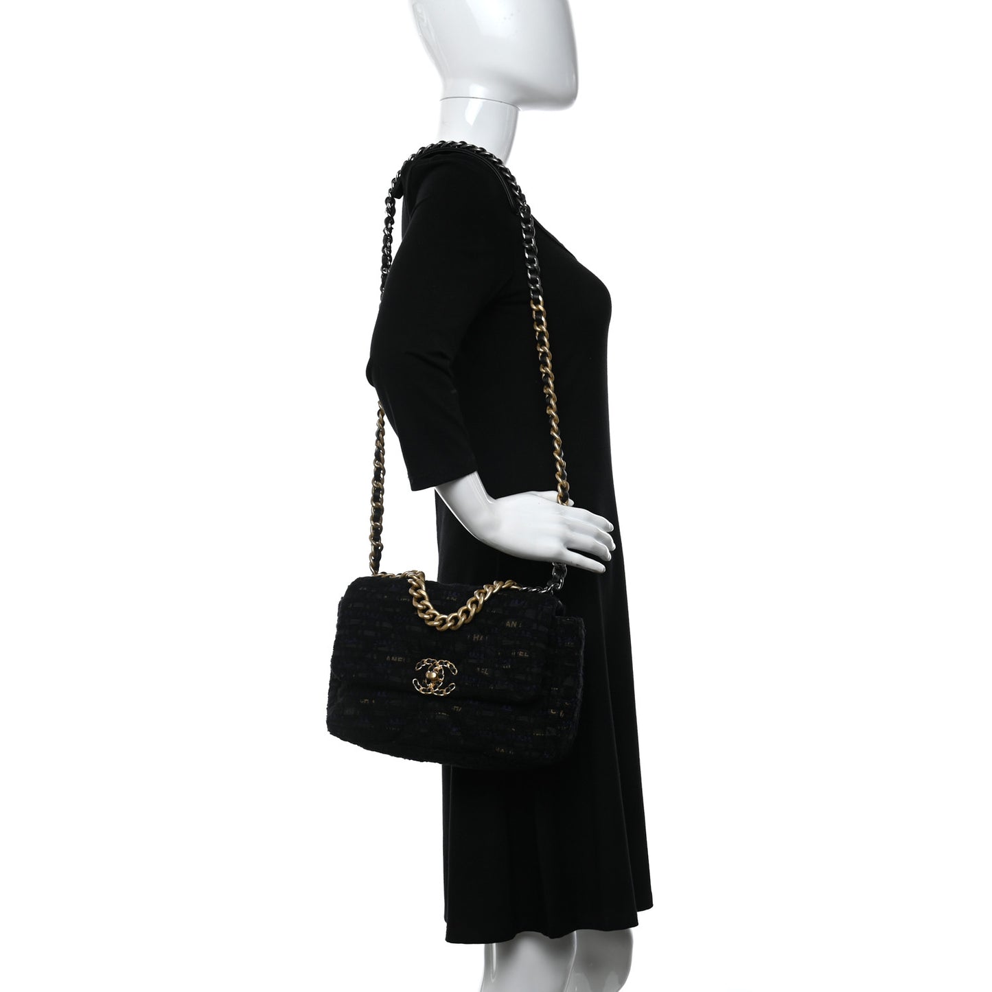 Tweed Quilted Medium Chanel 19 Flap Black Navy Gold