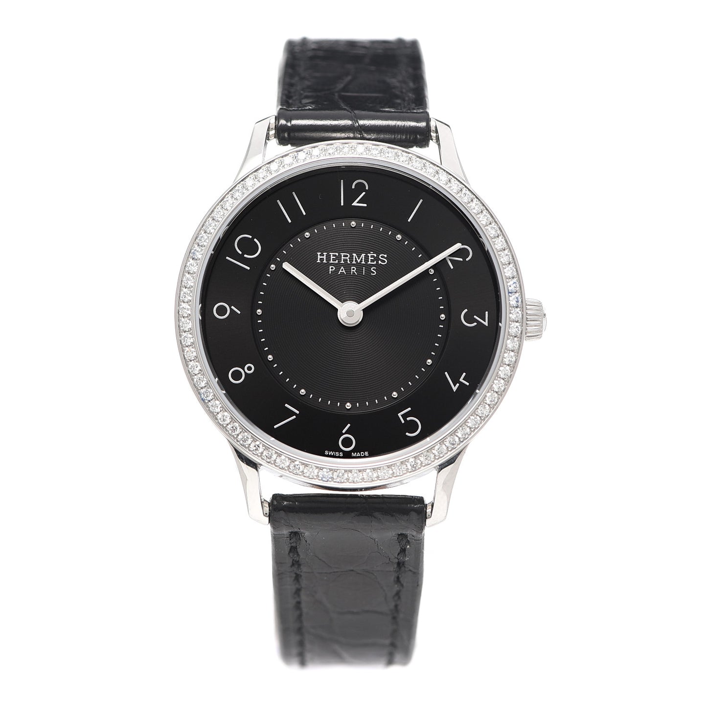 Stainless Steel Alligator Diamond 25mm Slim d'Hermes Quartz Watch Noir