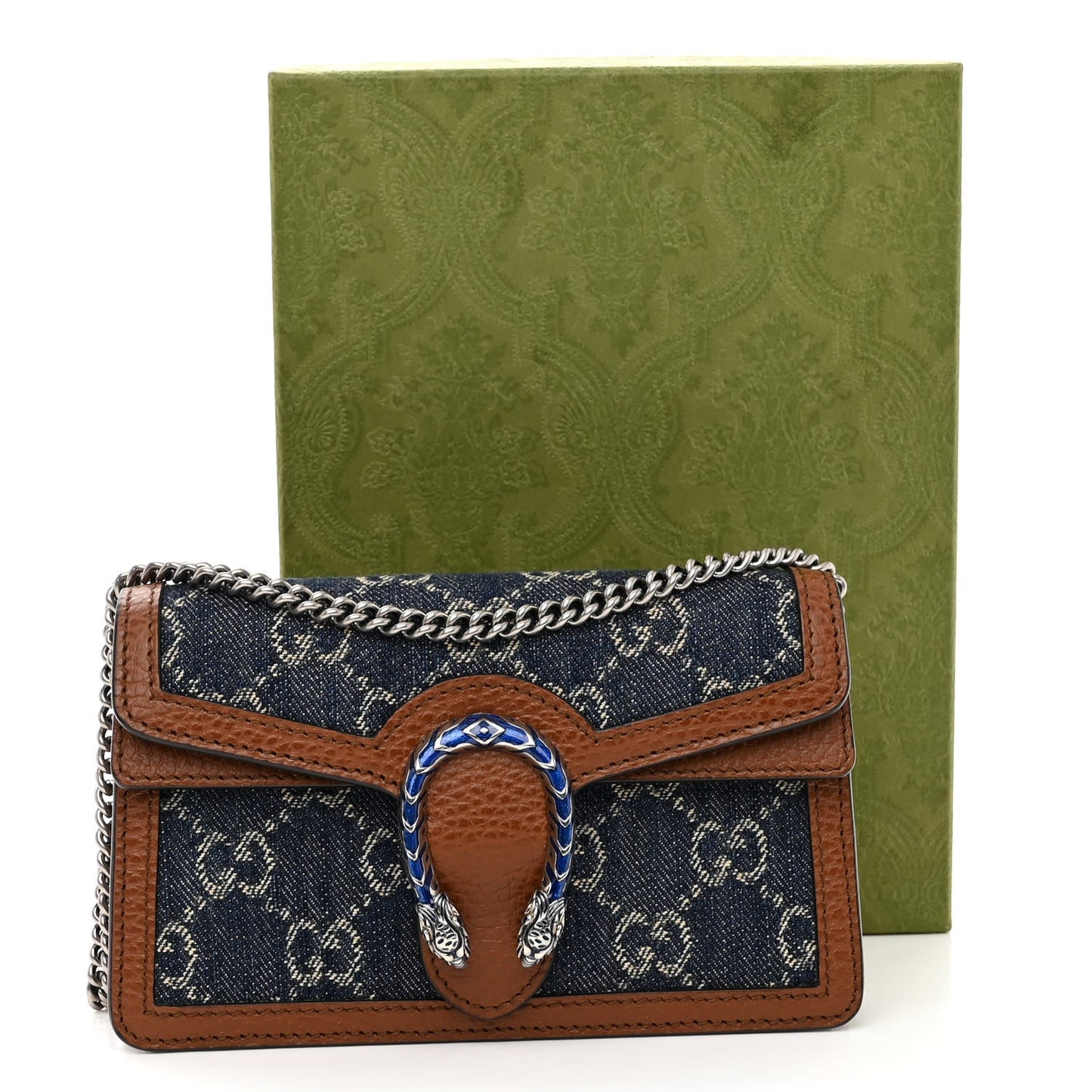 New Denim GG Monogram Dollar Calfskin Enamel Super Mini Dionysus Shoulder Bag Blue Tea Cuir Epilog Electric Blue