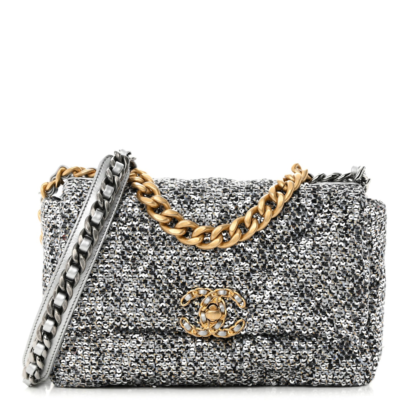 Sequin Quilted Medium Chanel 19 Flap Silver