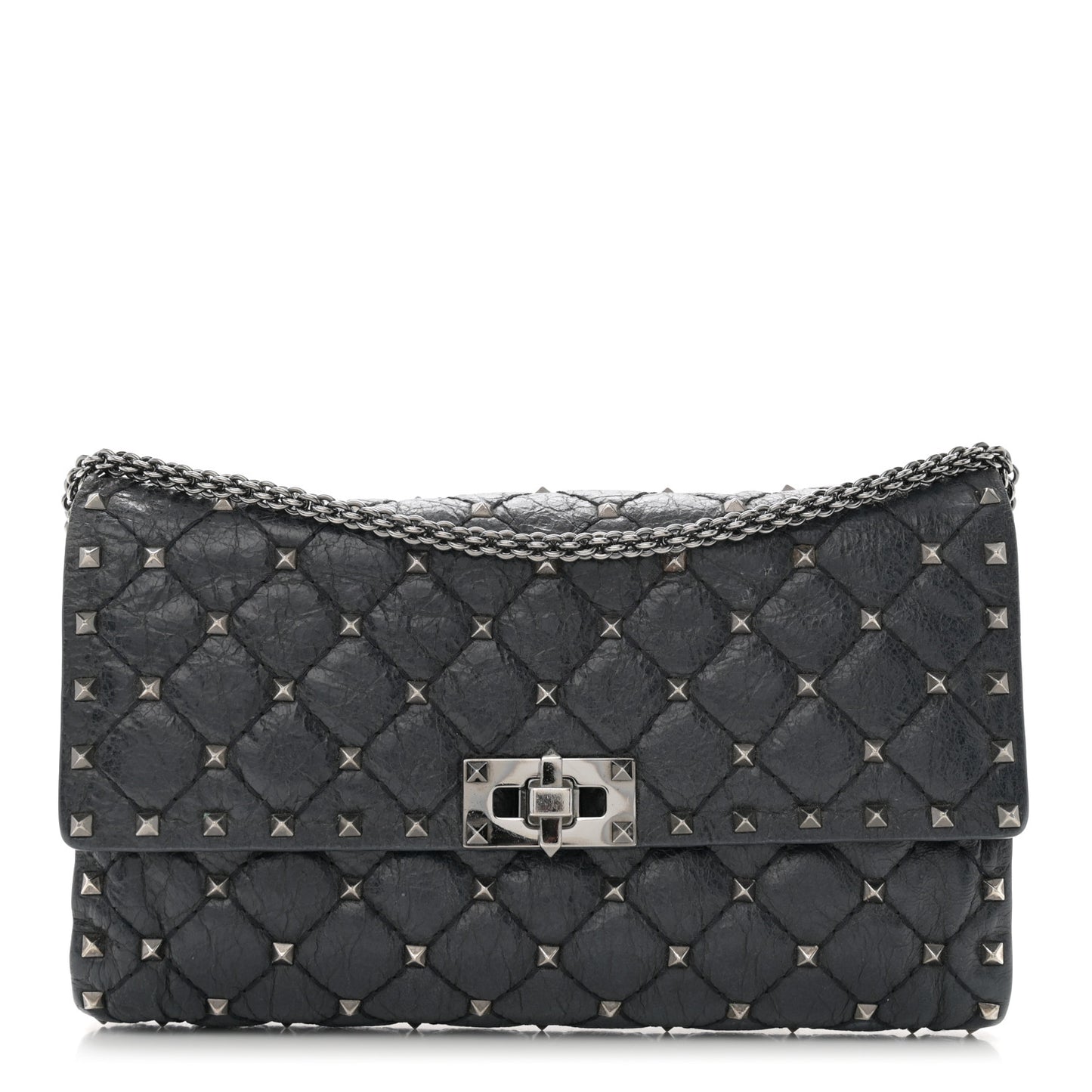 Craquele Nappa Rockstud Spike Wallet on Chain Black