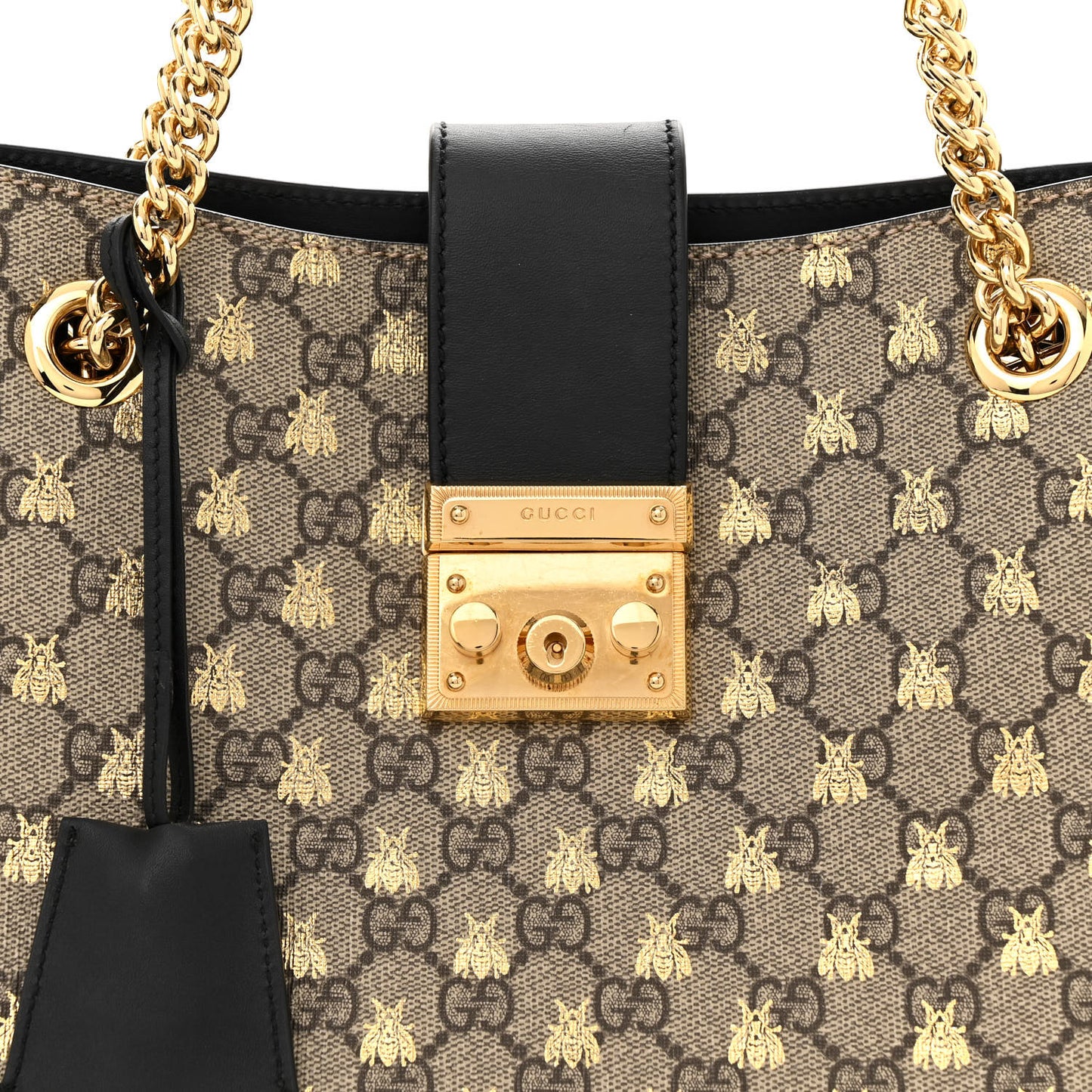GG Supreme Monogram Bees Medium Padlock Tote Beige Oro Black