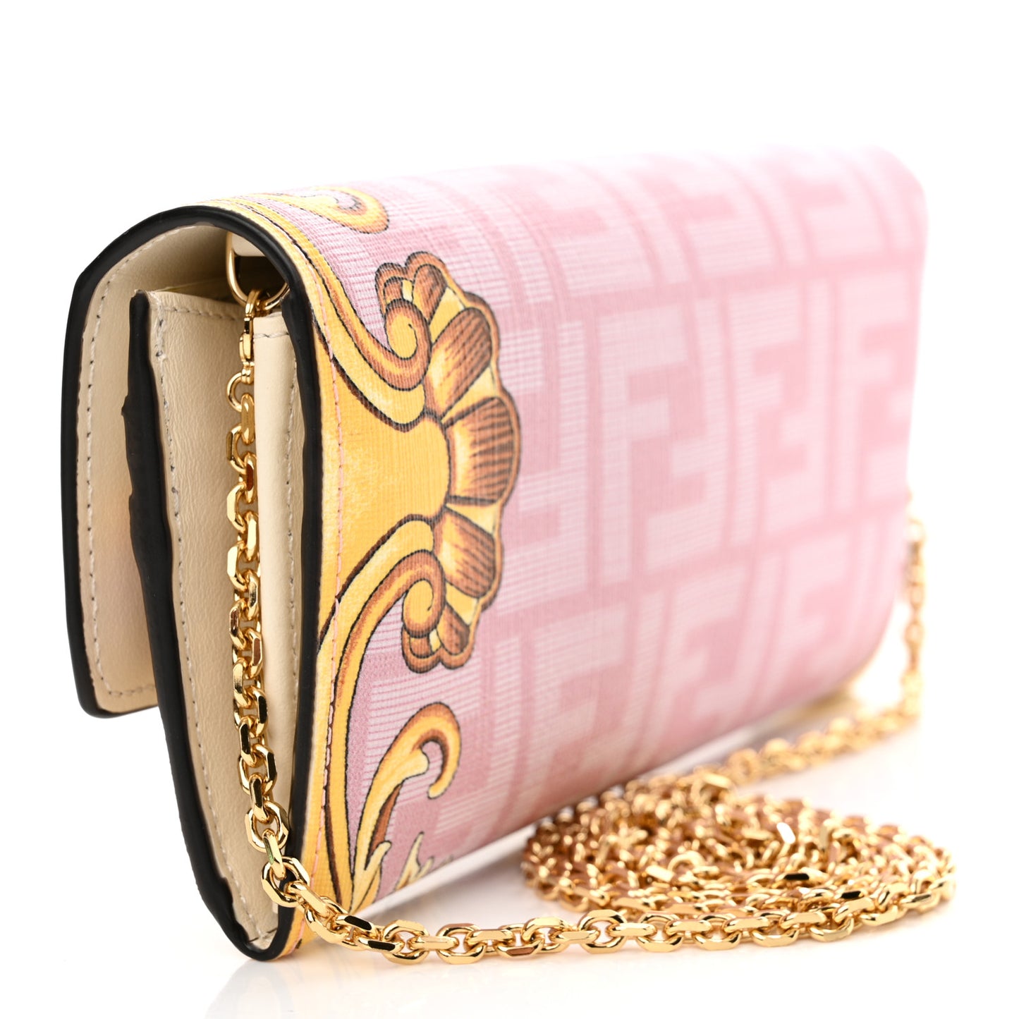 X VERSACE Glazed Fabric Fendace FF Baroque Continental Wallet On Chain Gold White Rosa