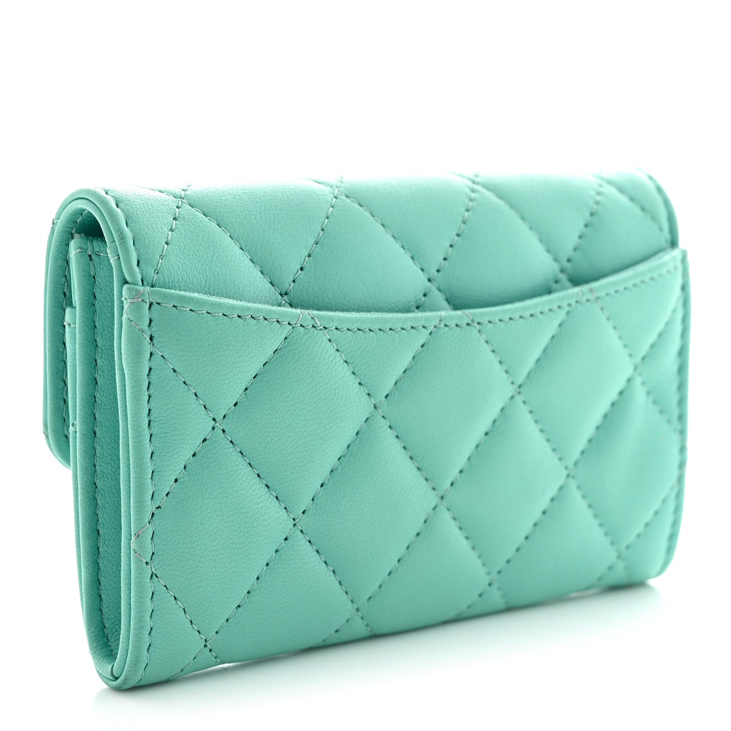 Lambskin Quilted Flap Card Holder Wallet Turquoise