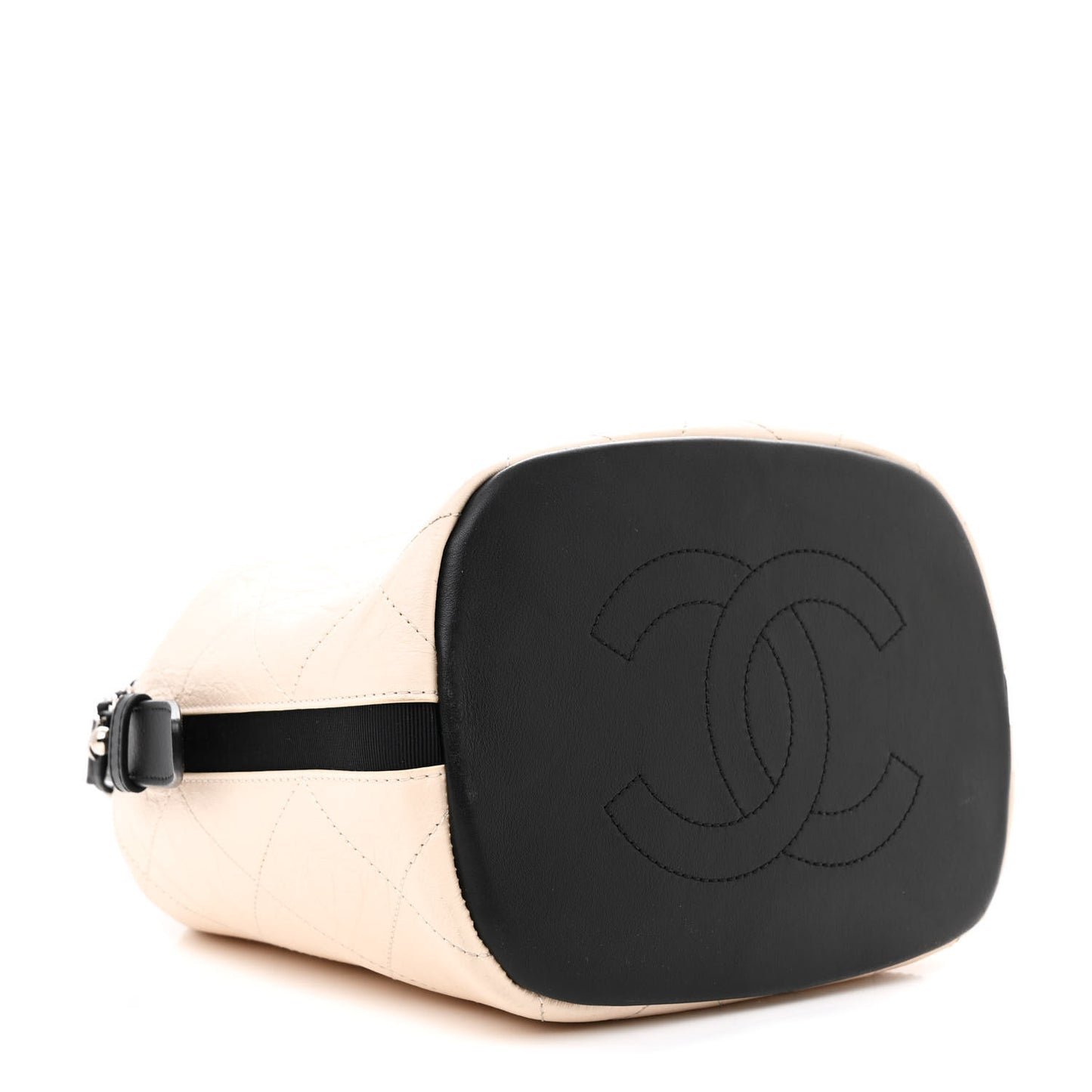 Aged Calfskin Quilted CC Chain Bucket Drawstring Bag Ivory Black