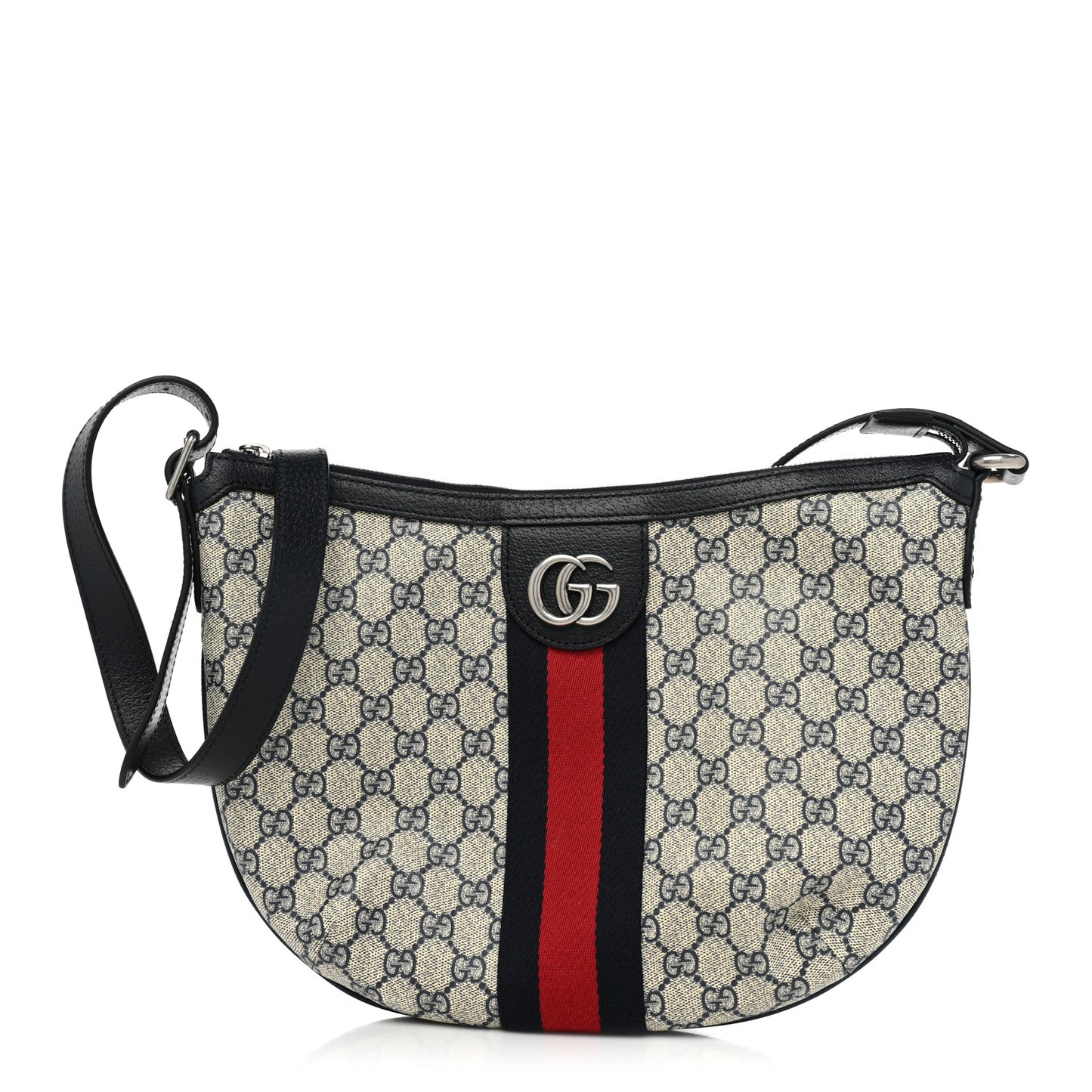 GG Supreme Monogram Textured Dollar Calfskin Web Small Ophidia Half Moon Hobo Beige Blue