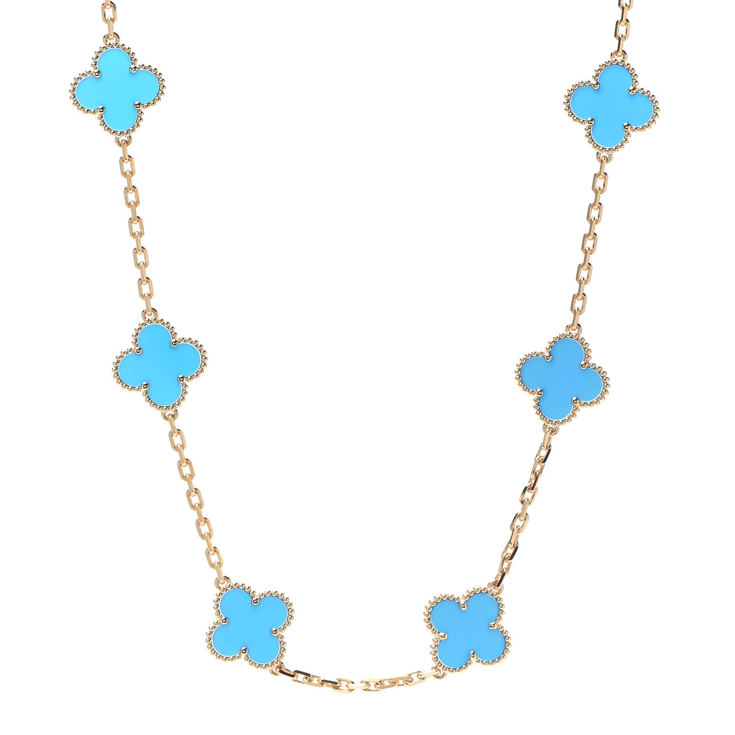 18K Yellow Gold Blue Agate 10 Motifs Vintage Alhambra Necklace