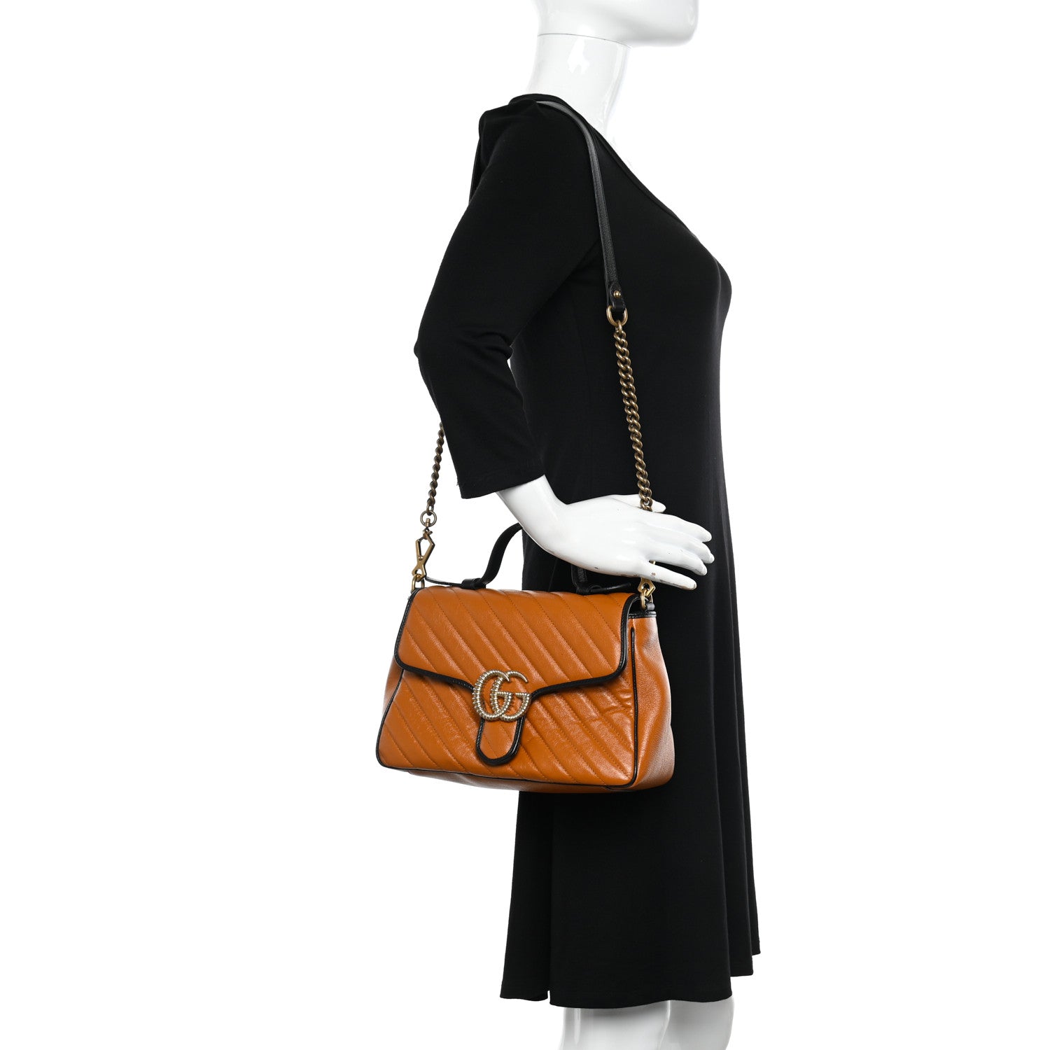 Gucci Azalea Calfskin Matelasse Diagonal Small Torchon GG Marmont Top Handle Shoulder Bag Cognac Black 2 of 10
