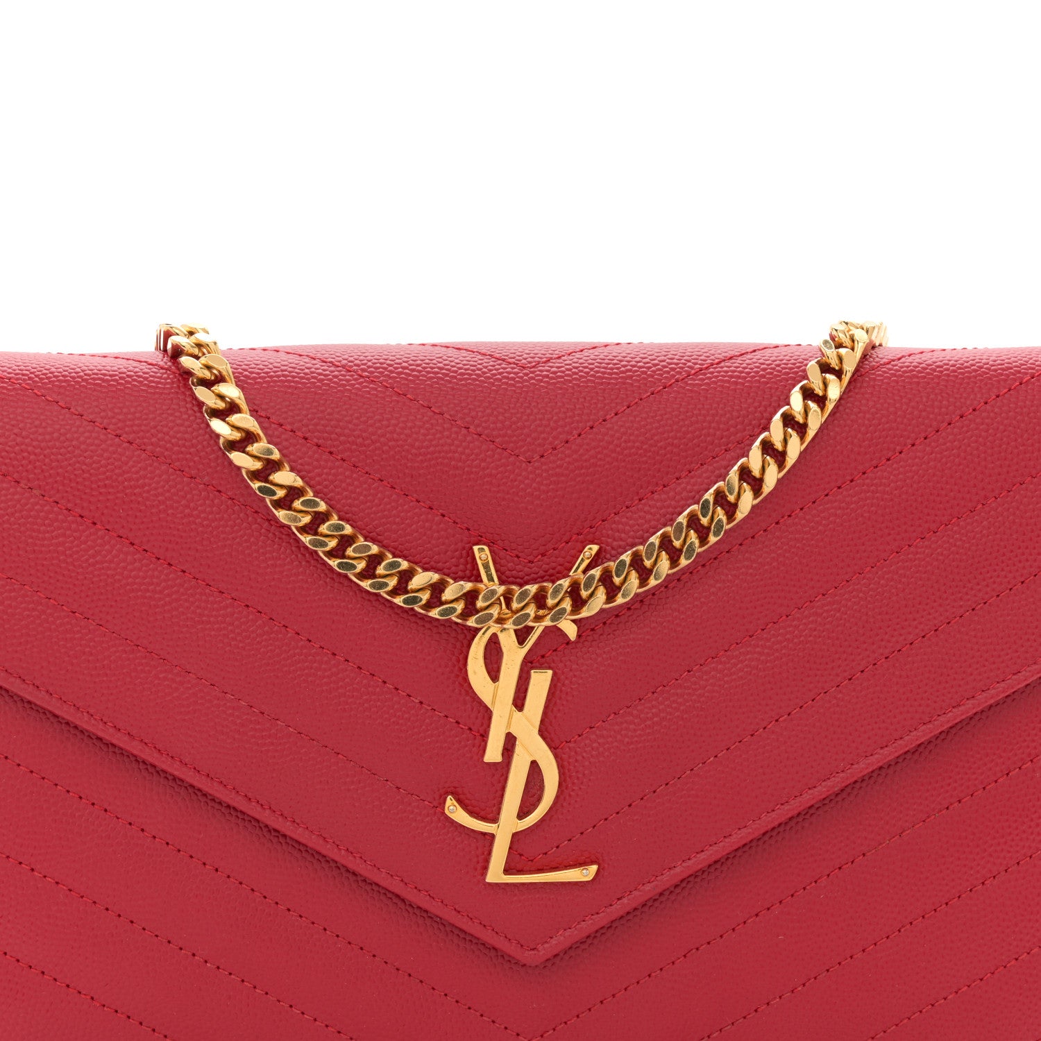 Saint Laurent Grain De Poudre Matelasse Chevron Monogram Chain Wallet Red 9 of 13