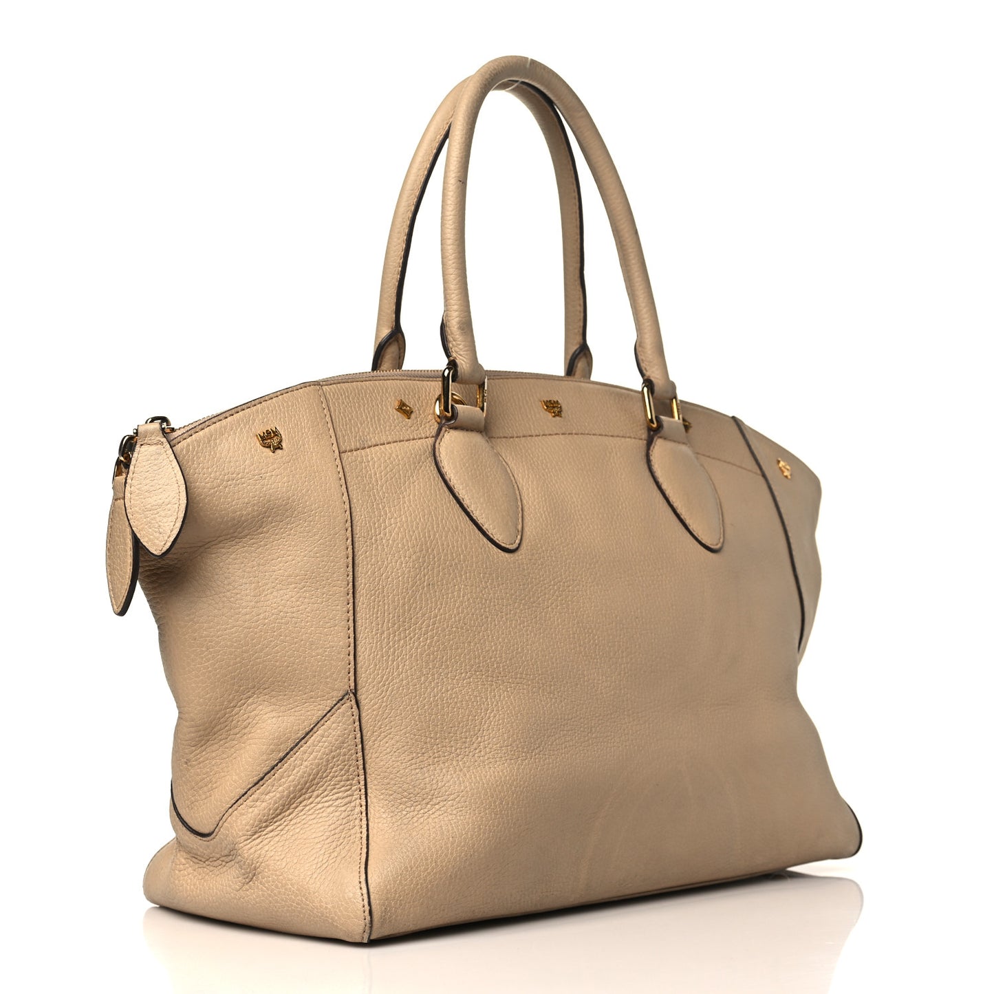 Grained Calfskin Studded Satchel Beige