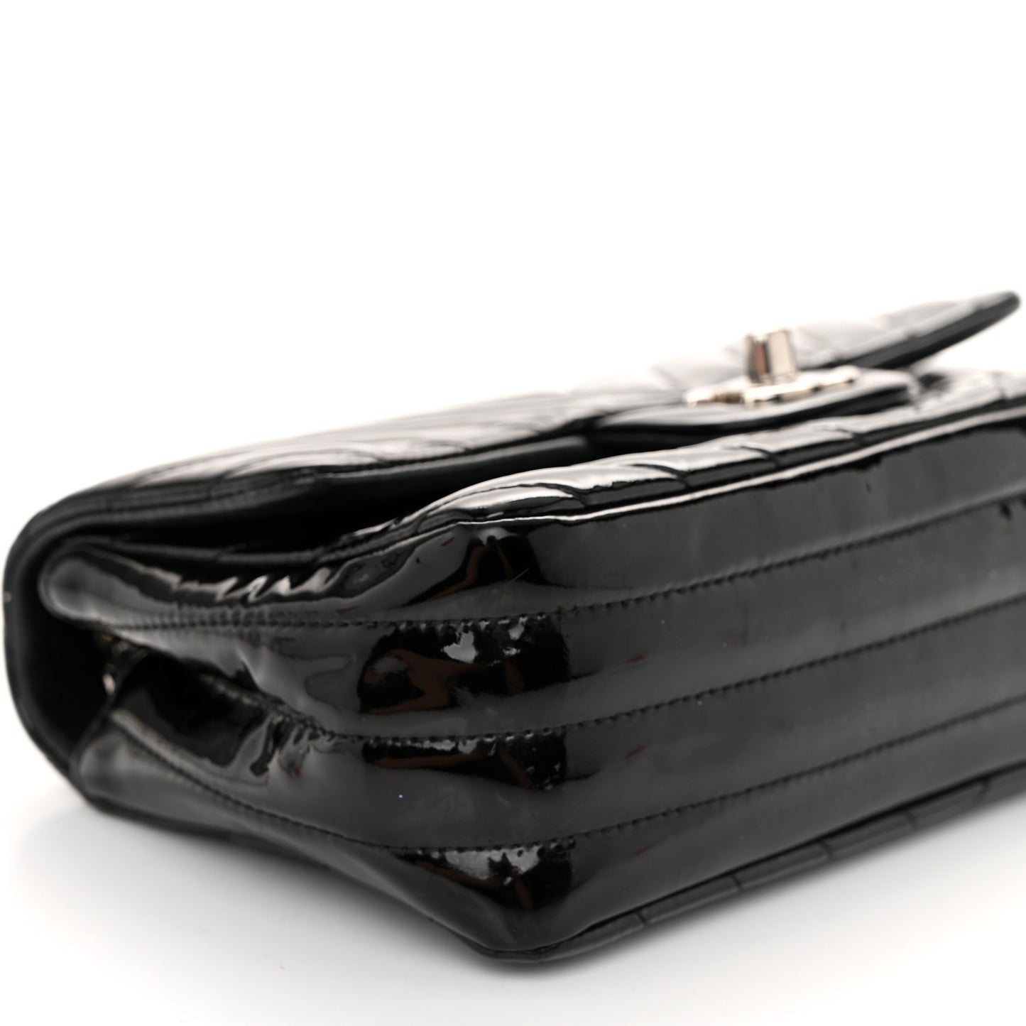 Patent Calfskin Chevron Quilted Mini Rectangular Flap Black