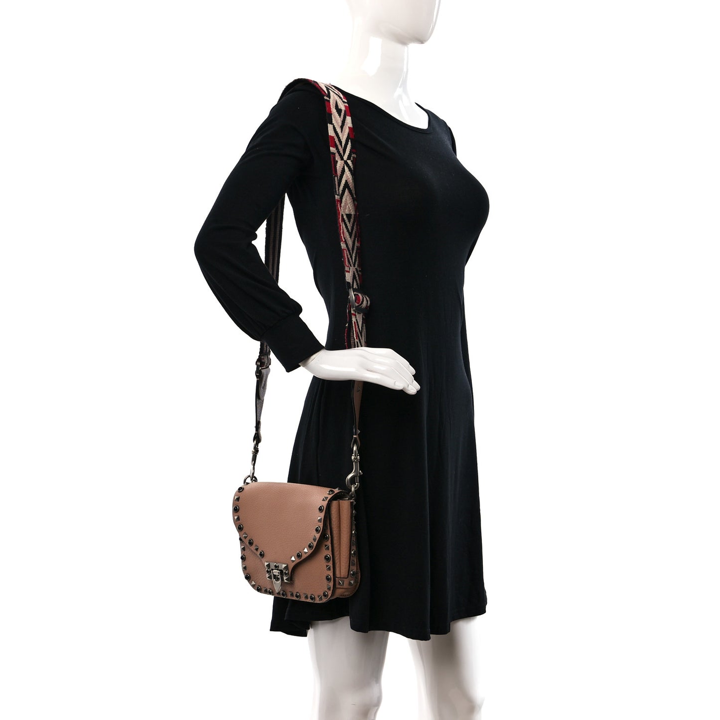 Grained Calfskin Onyx Guitar Strap Rockstud Rolling Shoulder Flap Messenger Bag Soft Noisette