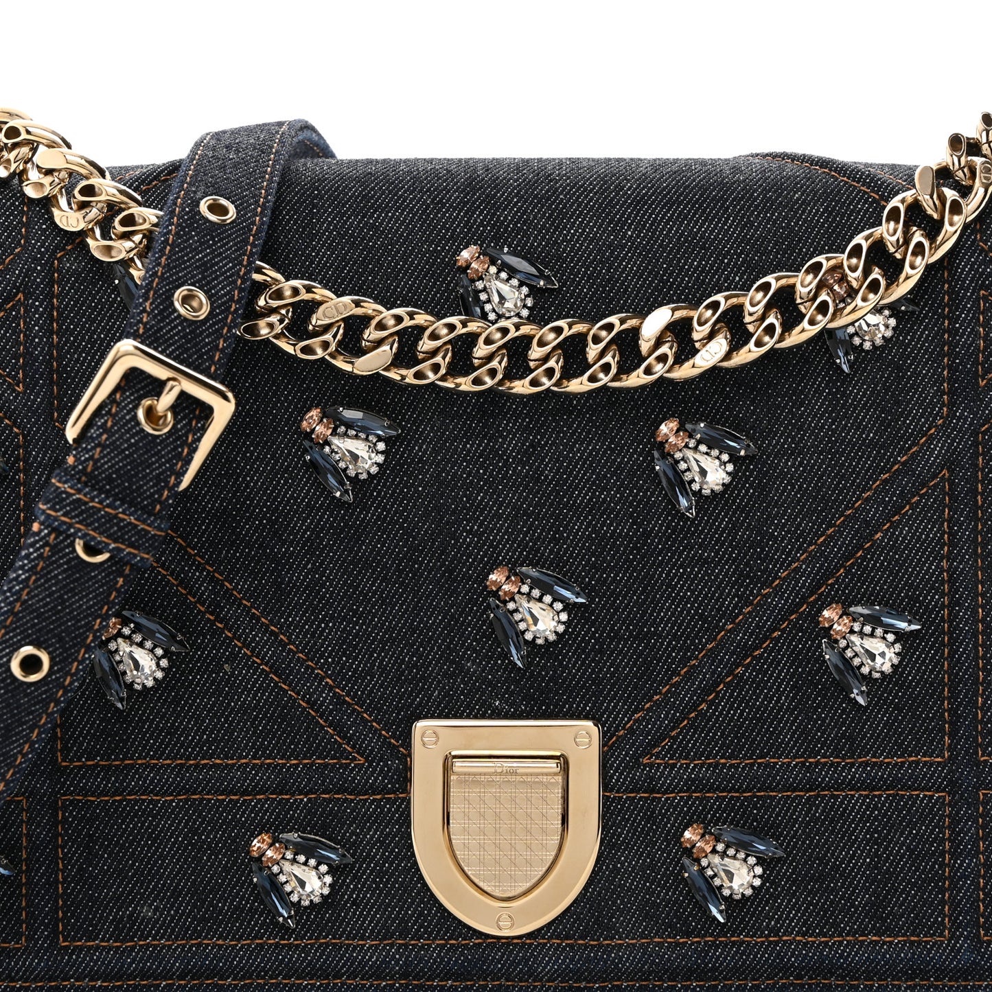 Denim Crystal Medium Diorama Flap Bag Blue