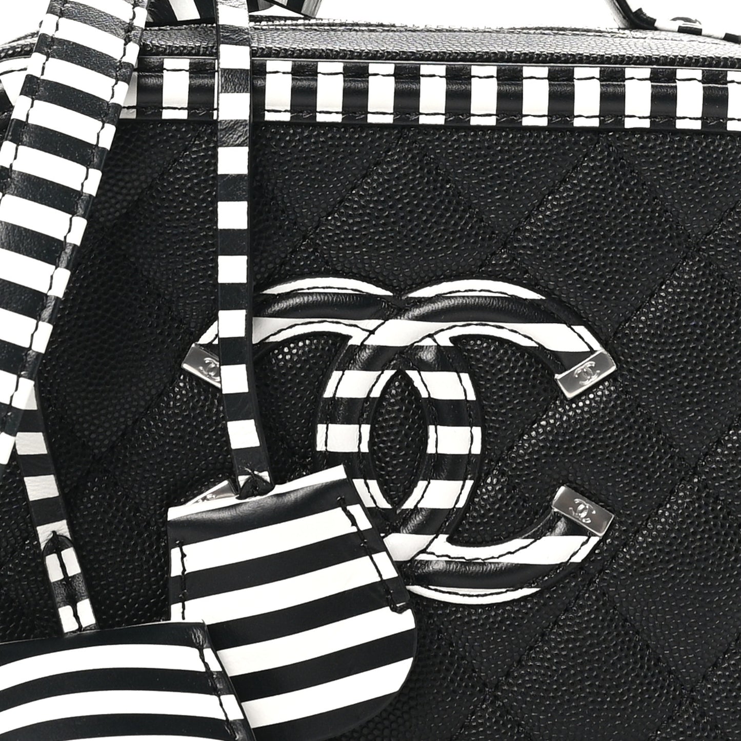 Caviar Quilted Striped Small CC Filigree Vanity Case Black White