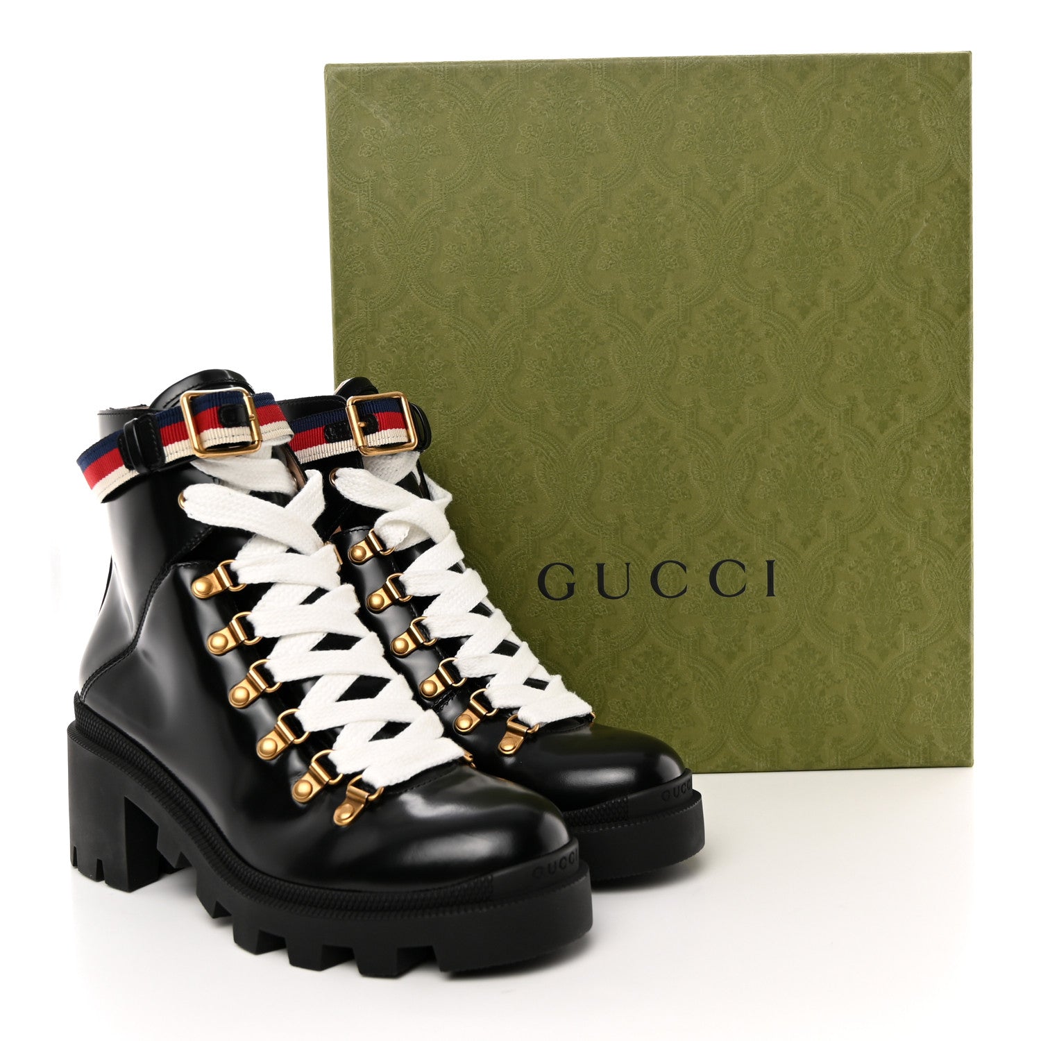 Gucci Calfskin Sylvie Web Womens Lace Up Combat Boots 37 Black 11 of 11
