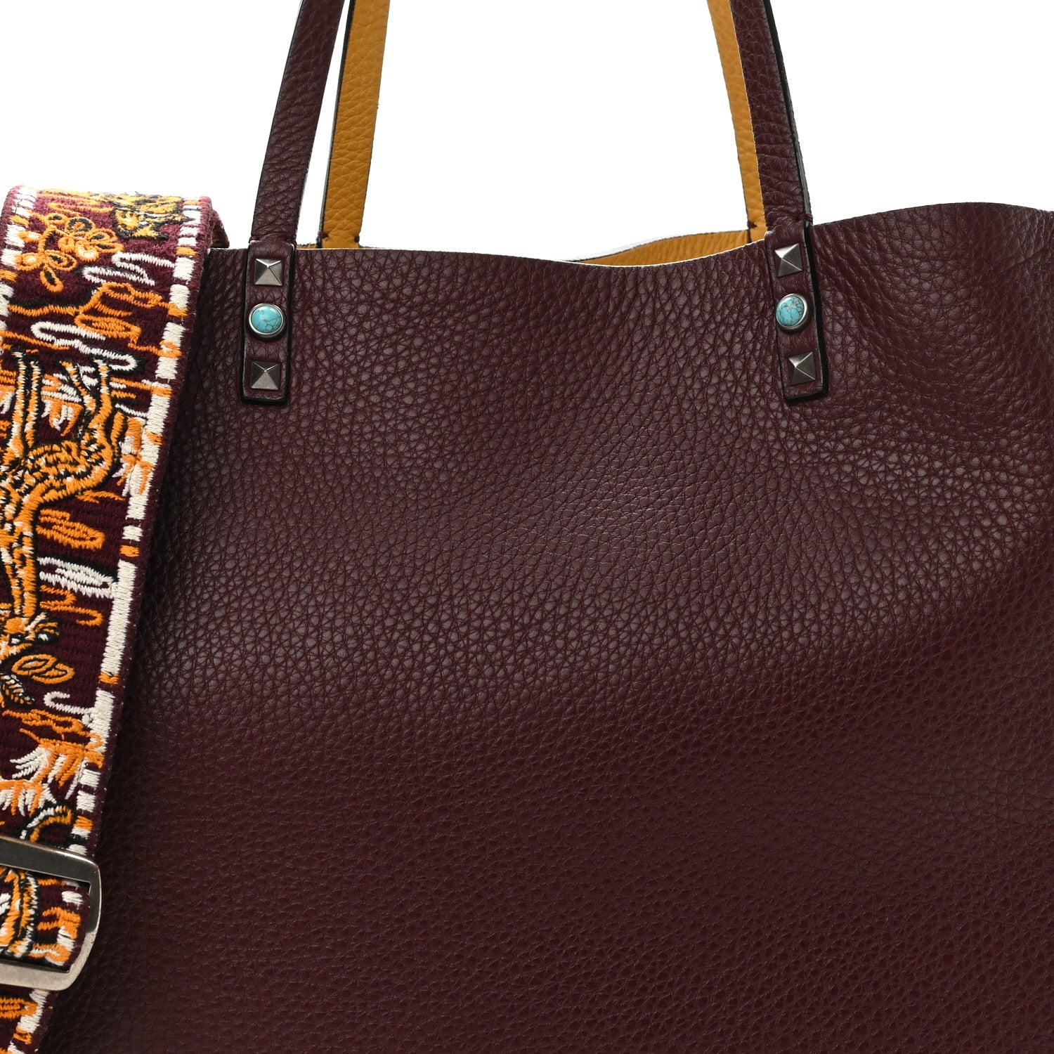 Valentino Garavani Stampa Alce Calfskin Medium Guitar Strap Rockstud Rolling Reversible Tote Wine Yellow 12 of 18