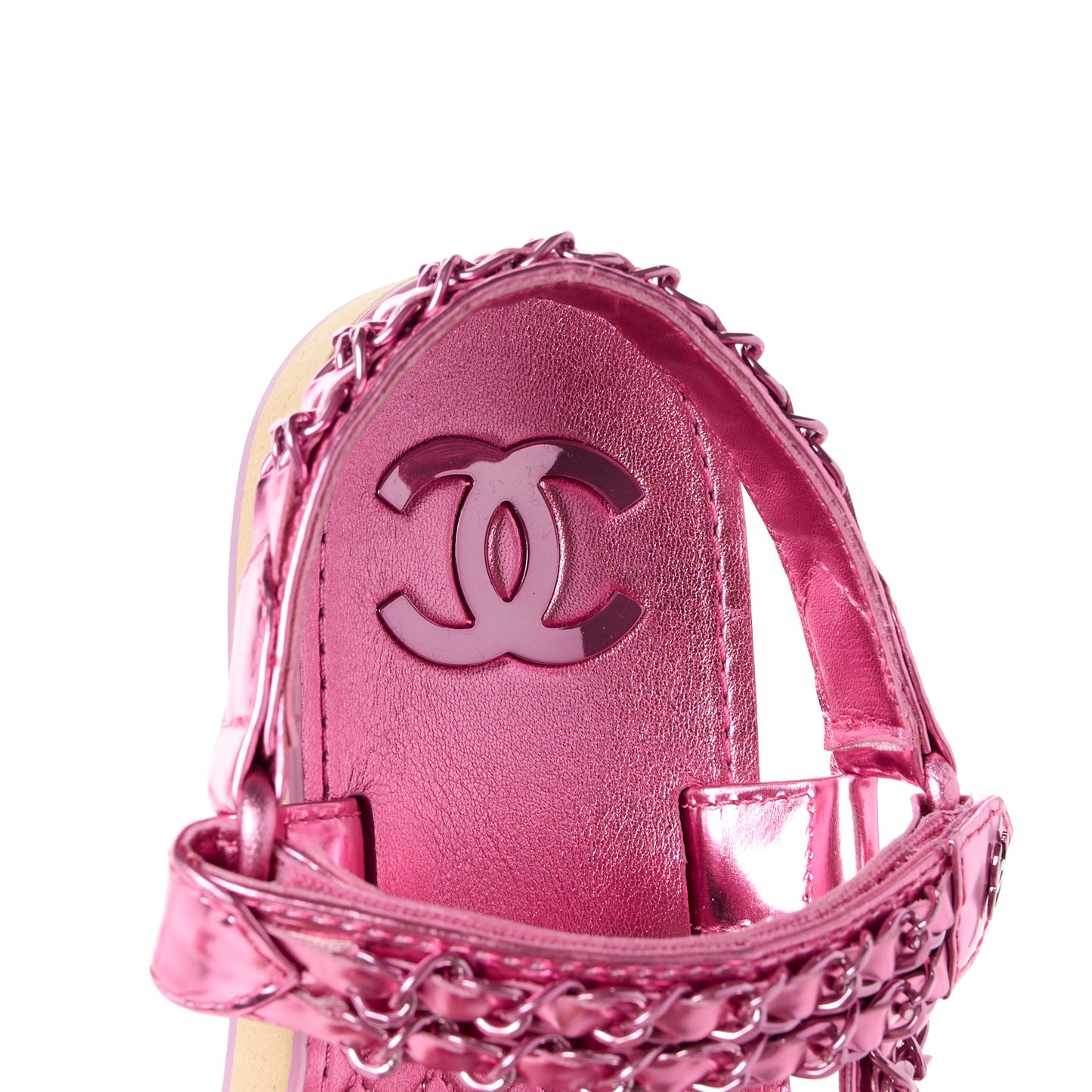Metallic Laminated Goatskin Chain Flat Sandals 36 Fuchsia