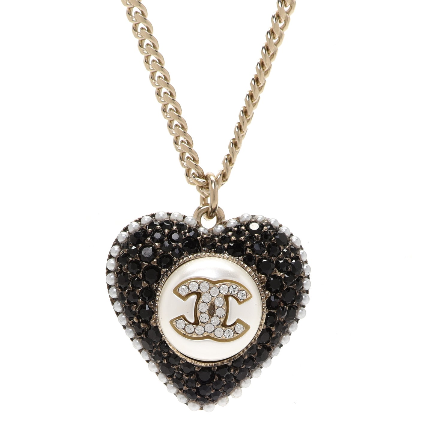 Pearl Crystal CC Heart Necklace Gold Pearly White Black