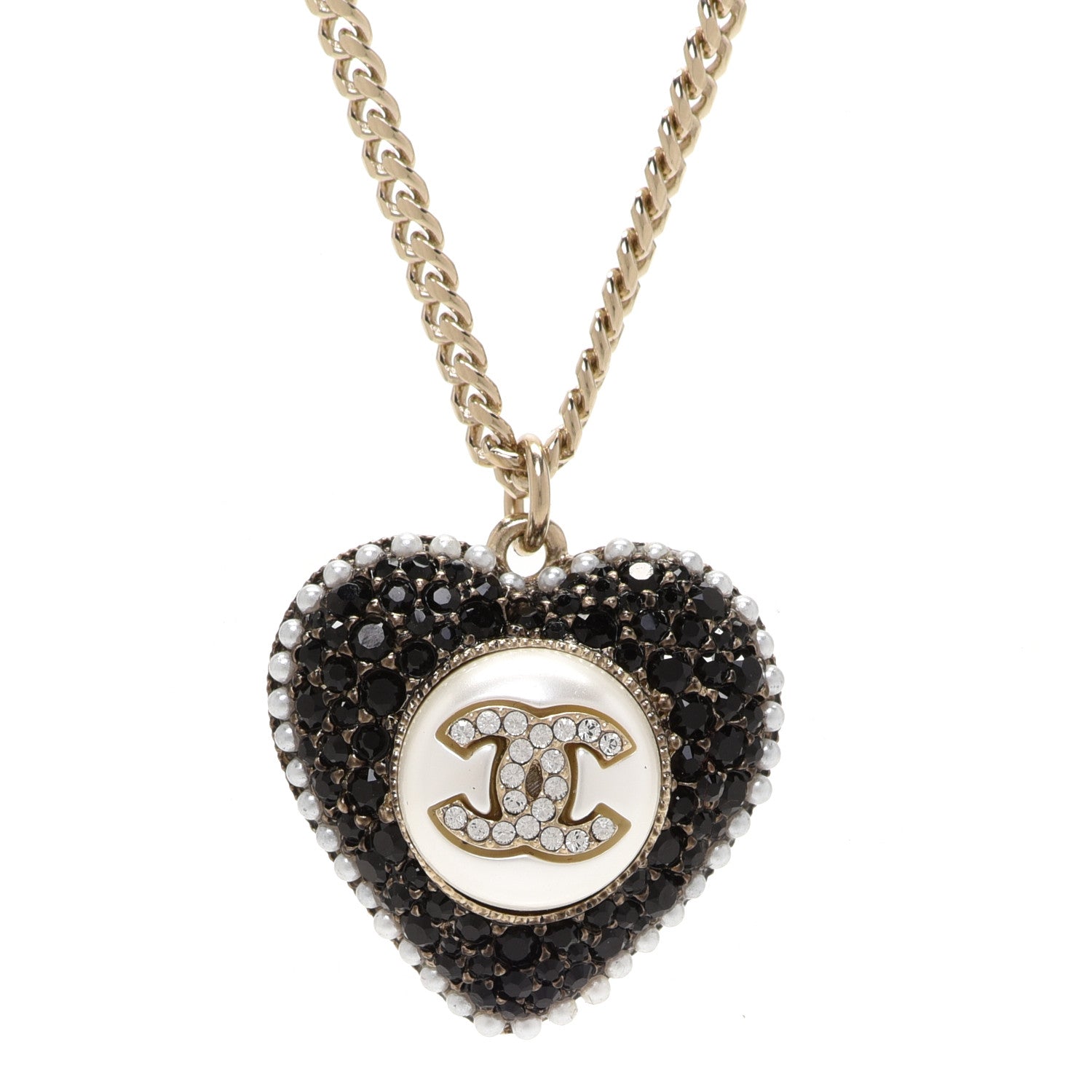 Chanel Pearl Crystal CC Heart Necklace Gold Pearly White Black 4 of 6