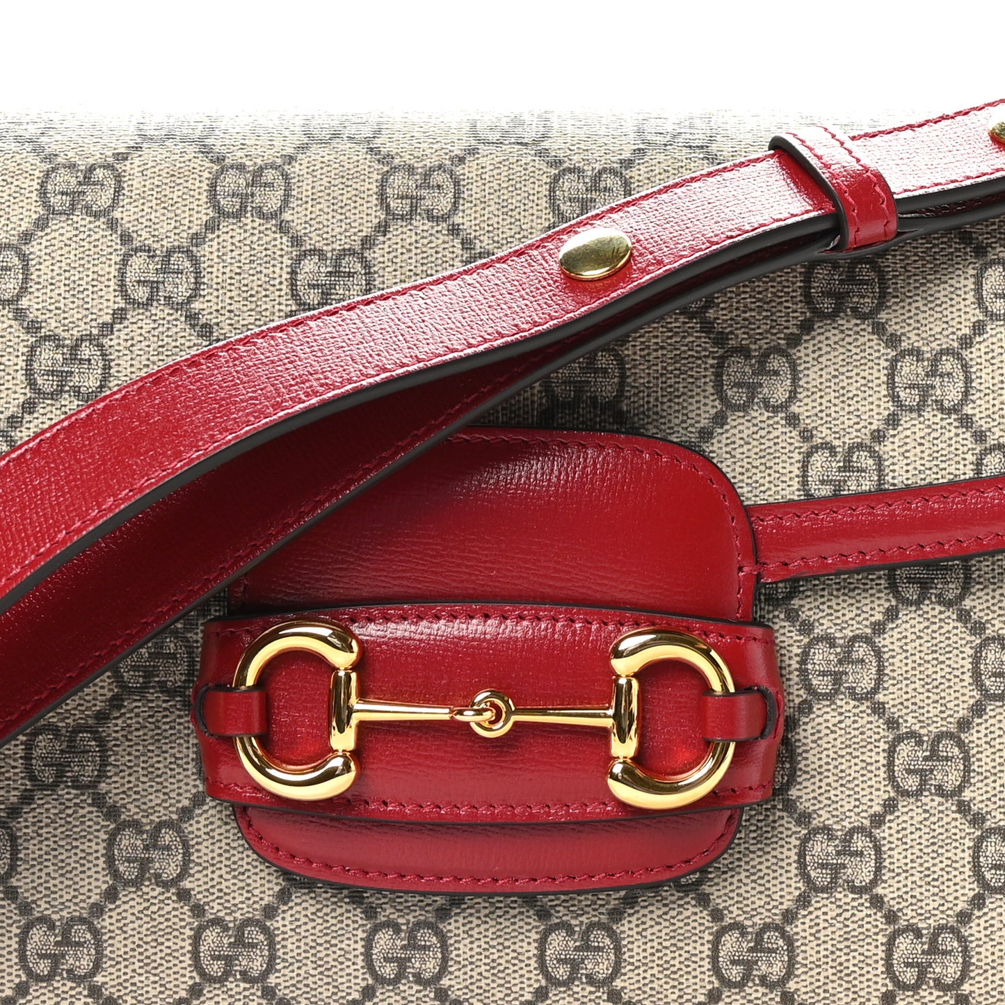GG Supreme Monogram Azalea Calfskin Horsebit 1955 Shoulder Bag Beige Ebony New Cherry Red