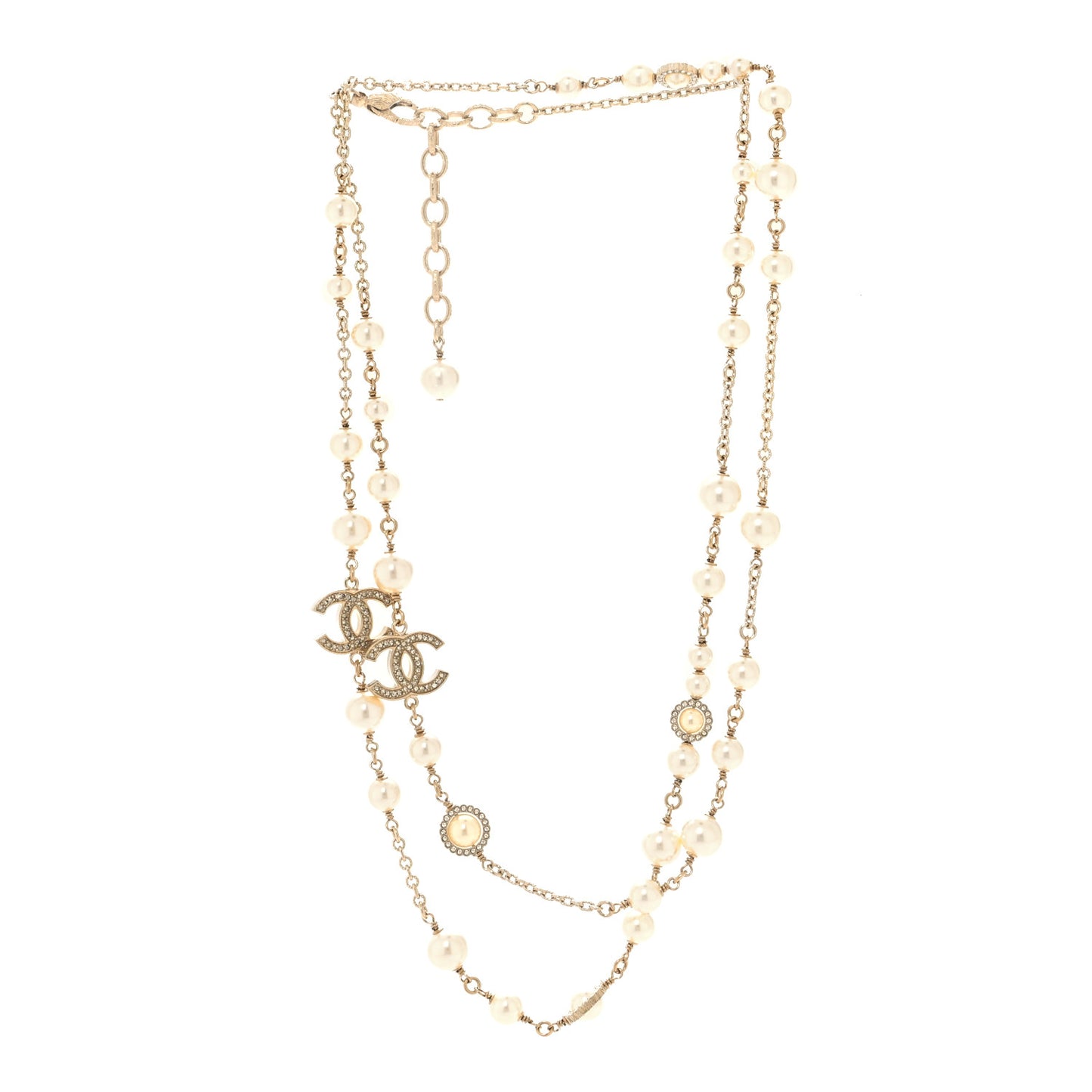 Pearl Crystal CC Lace Camellia Long Necklace Gold