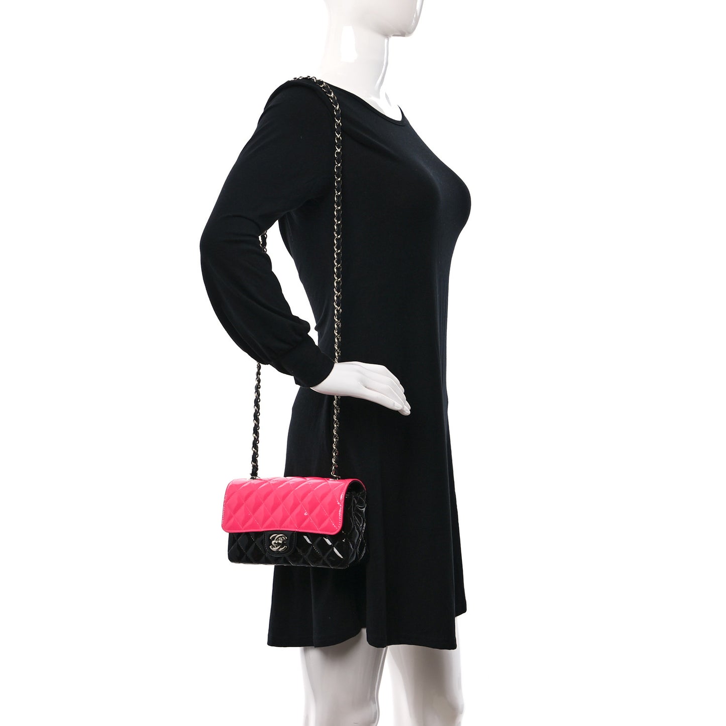 Patent Calfskin Quilted Bi-Color Mini Rectangular Flap Pink Black
