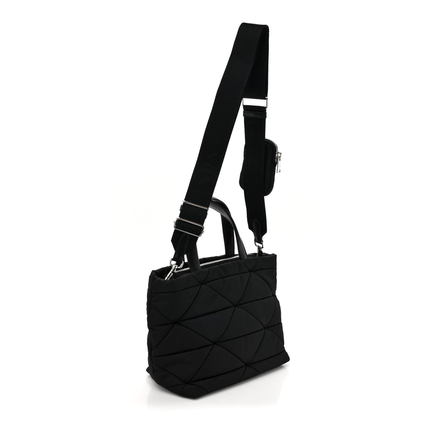 Re-Nylon Nappa Triangle Quilted Padded Double Handled Zip Pocket Tote Black