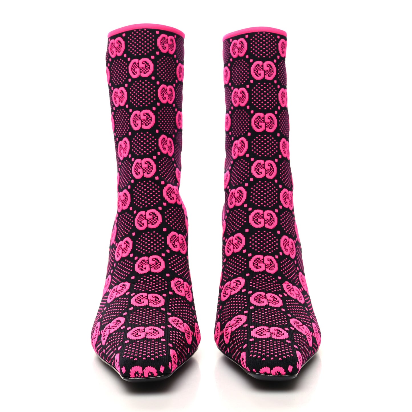 Technical Jersey Knit GG Monogram Square G 75mm Ankle Boots 38 Black Neon Fucsia
