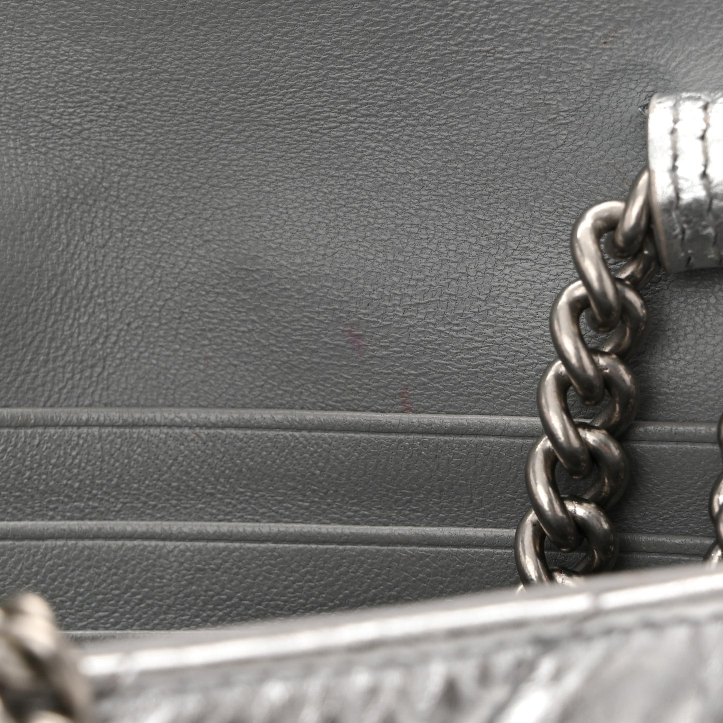 Metallic Calfskin Quilted Crush Wallet On Chain Silver