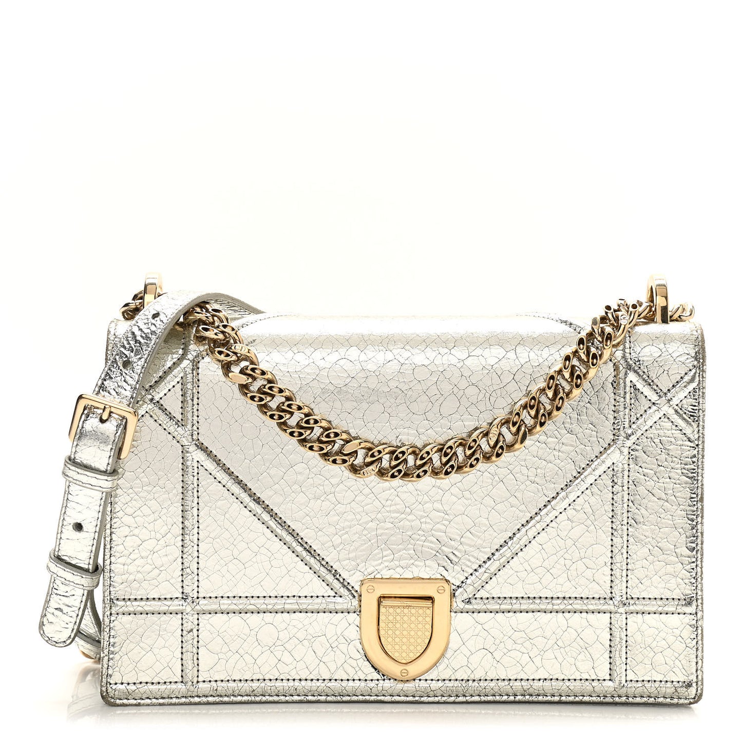 Metallic Ceramic Effect Deerskin Medium Diorama Flap Bag Silver