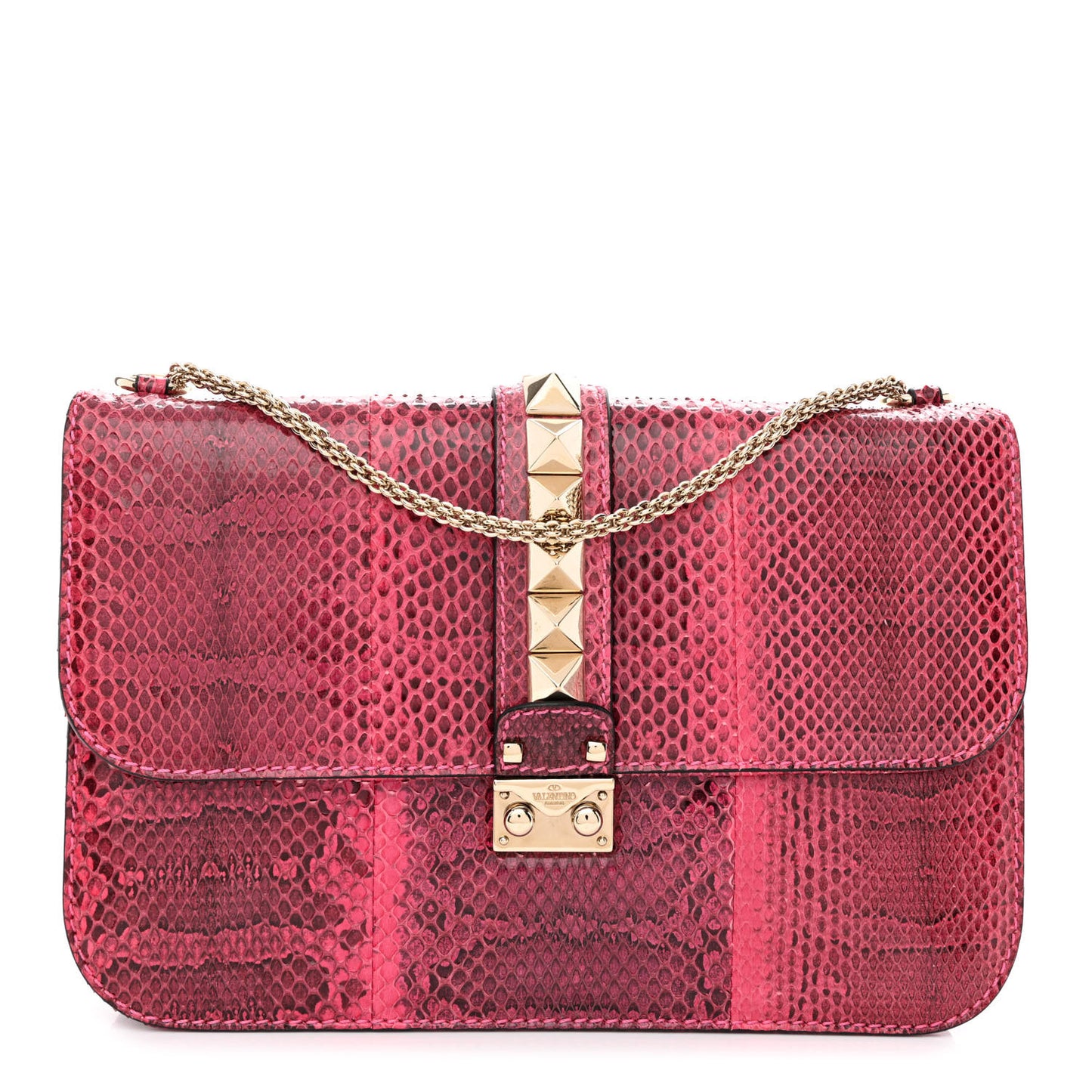 Snakeskin Large Glam Lock Rockstud Flap Pop Fuxia
