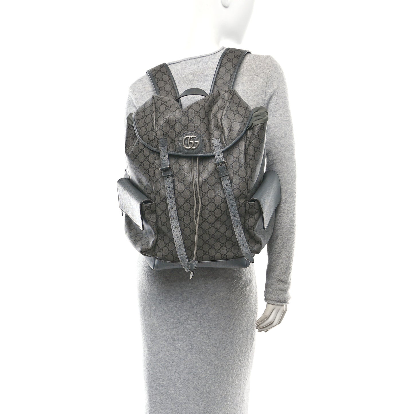 GG Supreme Monogram Textured Dollar Calfskin Medium Ophidia Double Buckle Backpack Grey Black Graphite Grey
