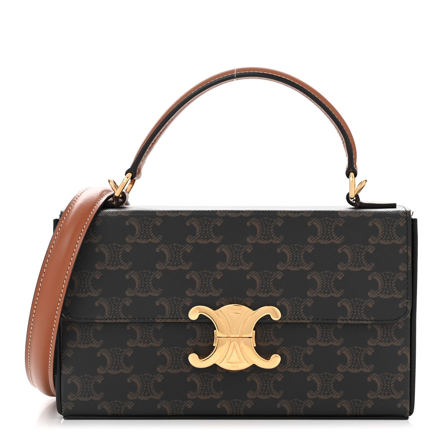 Celine Canvas Calfskin Triomphe Box Top Handle Bag Tan 1 of 10