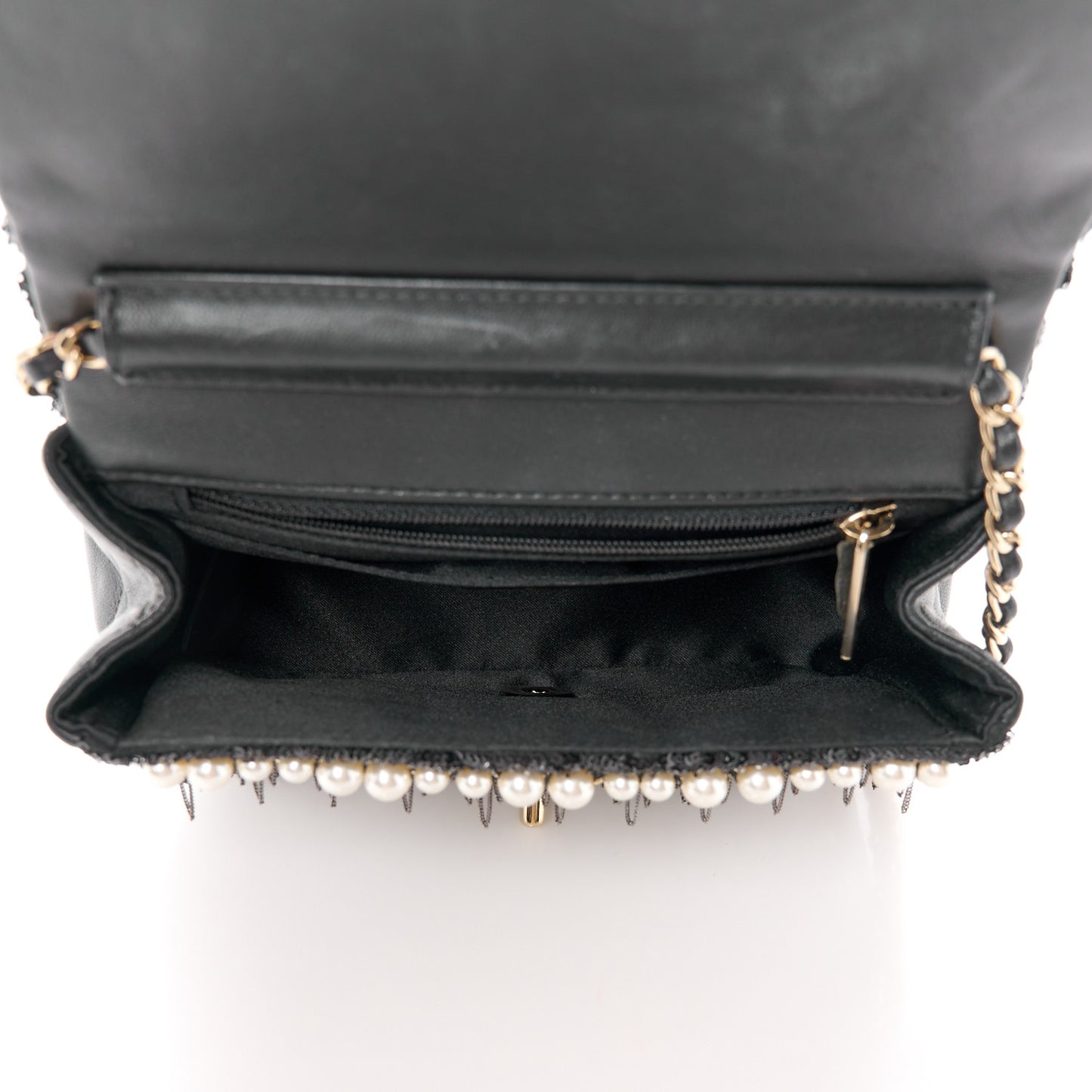 Lambskin Sequin Pearl Chain Fringe Mini Flap Black