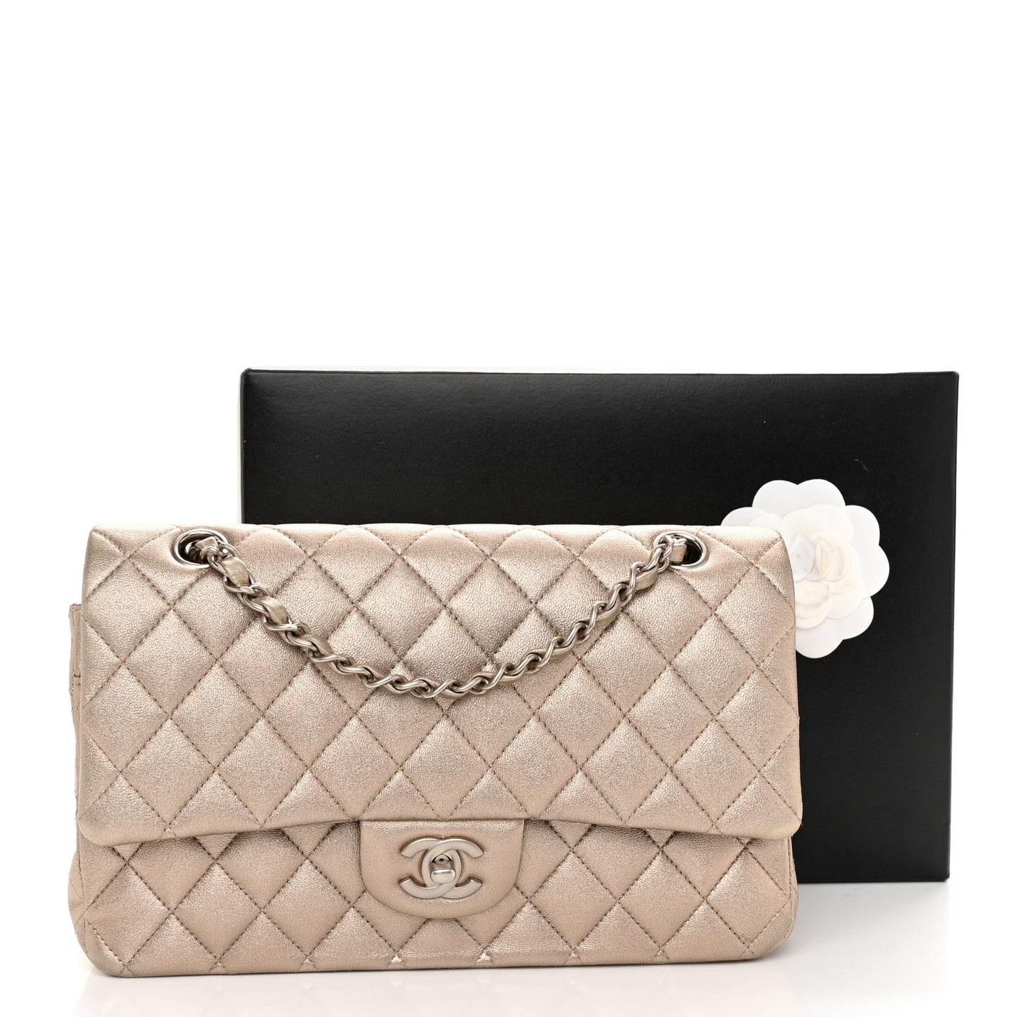 Metallic Lambskin Quilted Medium Double Flap Gold