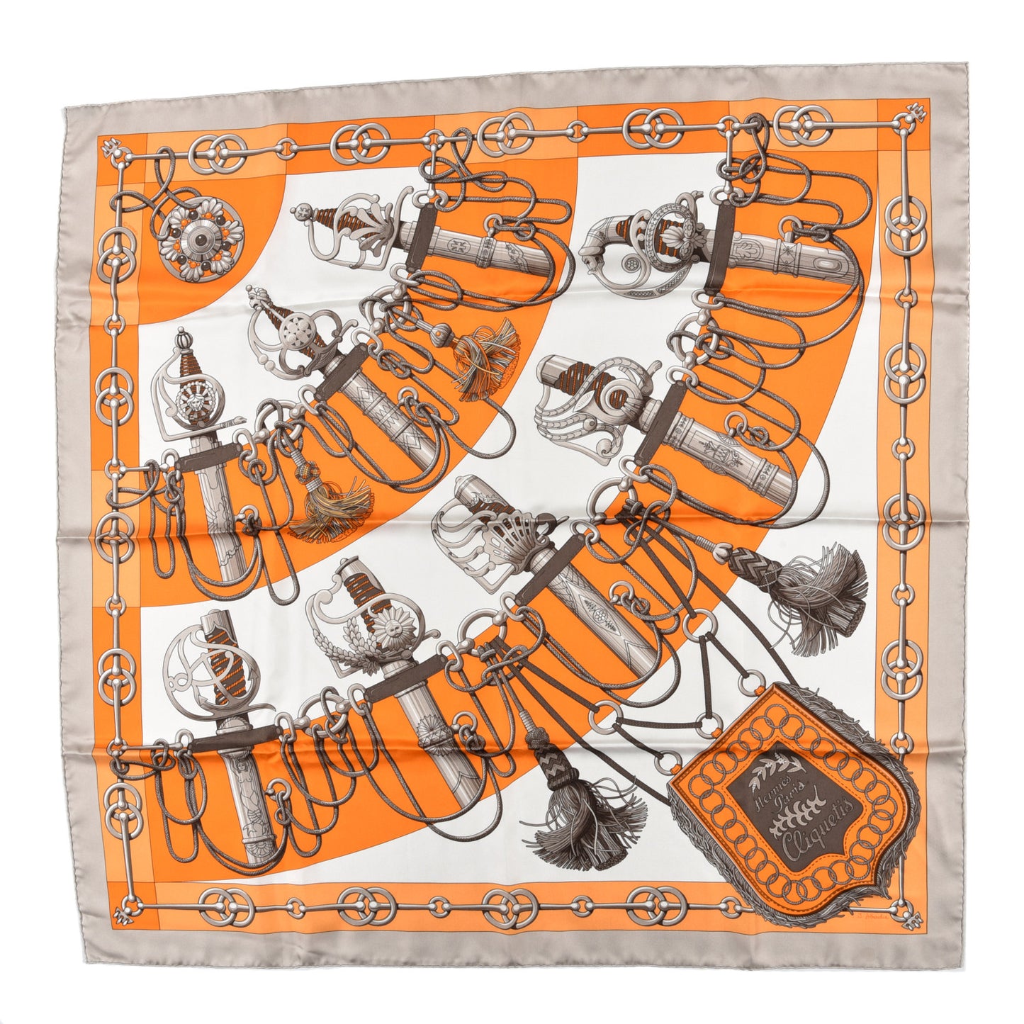 Silk Cliquetis Scarf 90 Orange Gris White