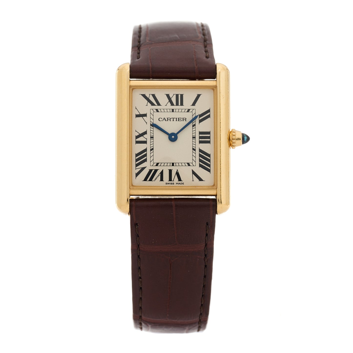 18K Yellow Gold Alligator 26mm Tank Louis Quartz Watch Brown