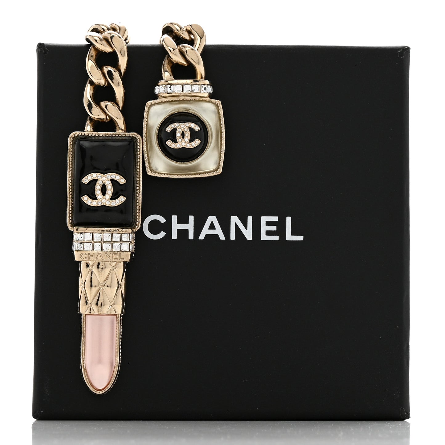 Metal Strass Pearl Lipstick Necklace Pink Gold