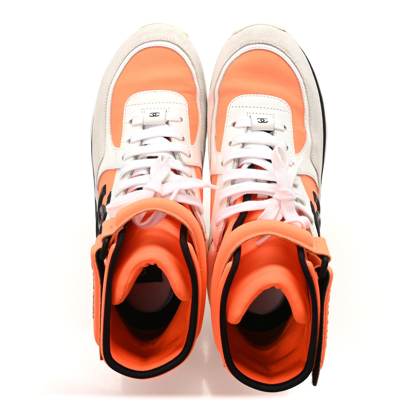 Suede Calfskin Lambskin Neoprene High Top CC Sneakers 36.5 White Fluo Orange