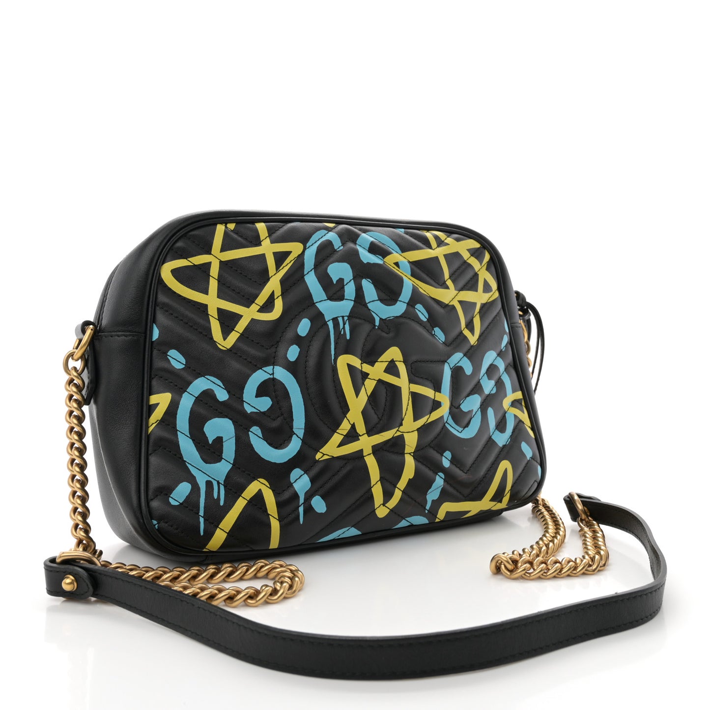 Calfskin Matelasse GucciGhost Medium GG Marmont Chain Shoulder Bag Black New Acquamarine