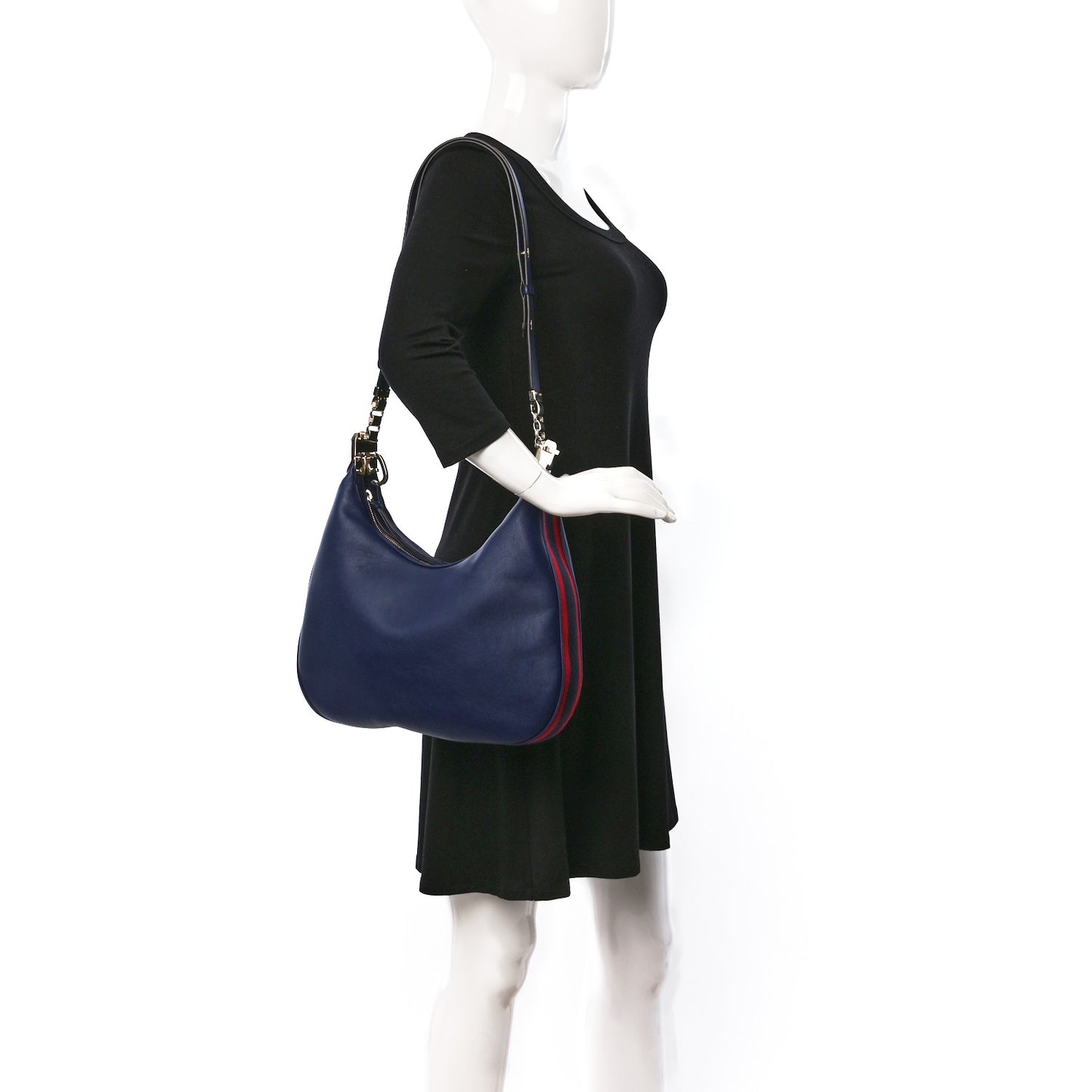 Aria Calfskin Web Large Attache Shoulder Bag Navy