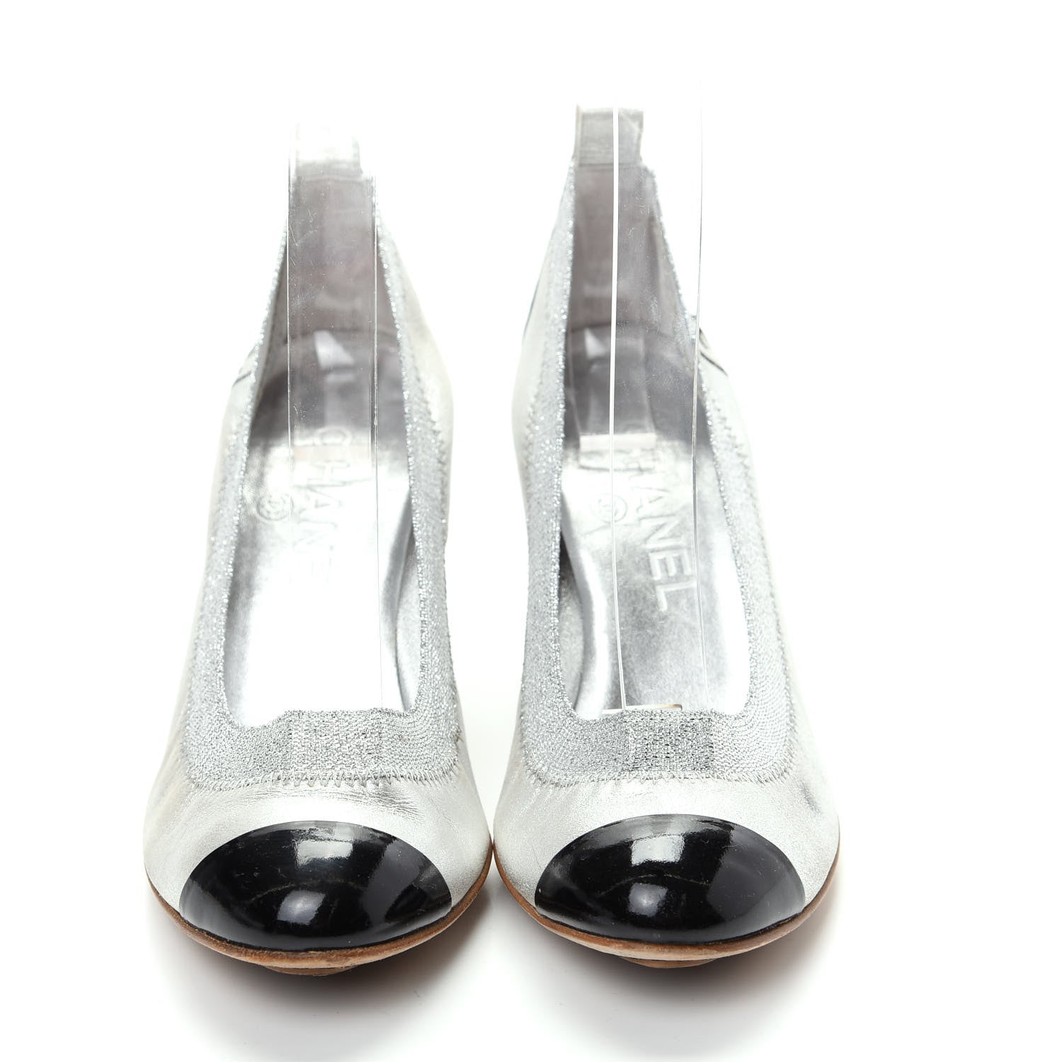 Chanel Metallic Lambskin Patent CC Elastic Stretch Pumps 36.5 Silver Black 2 of 11