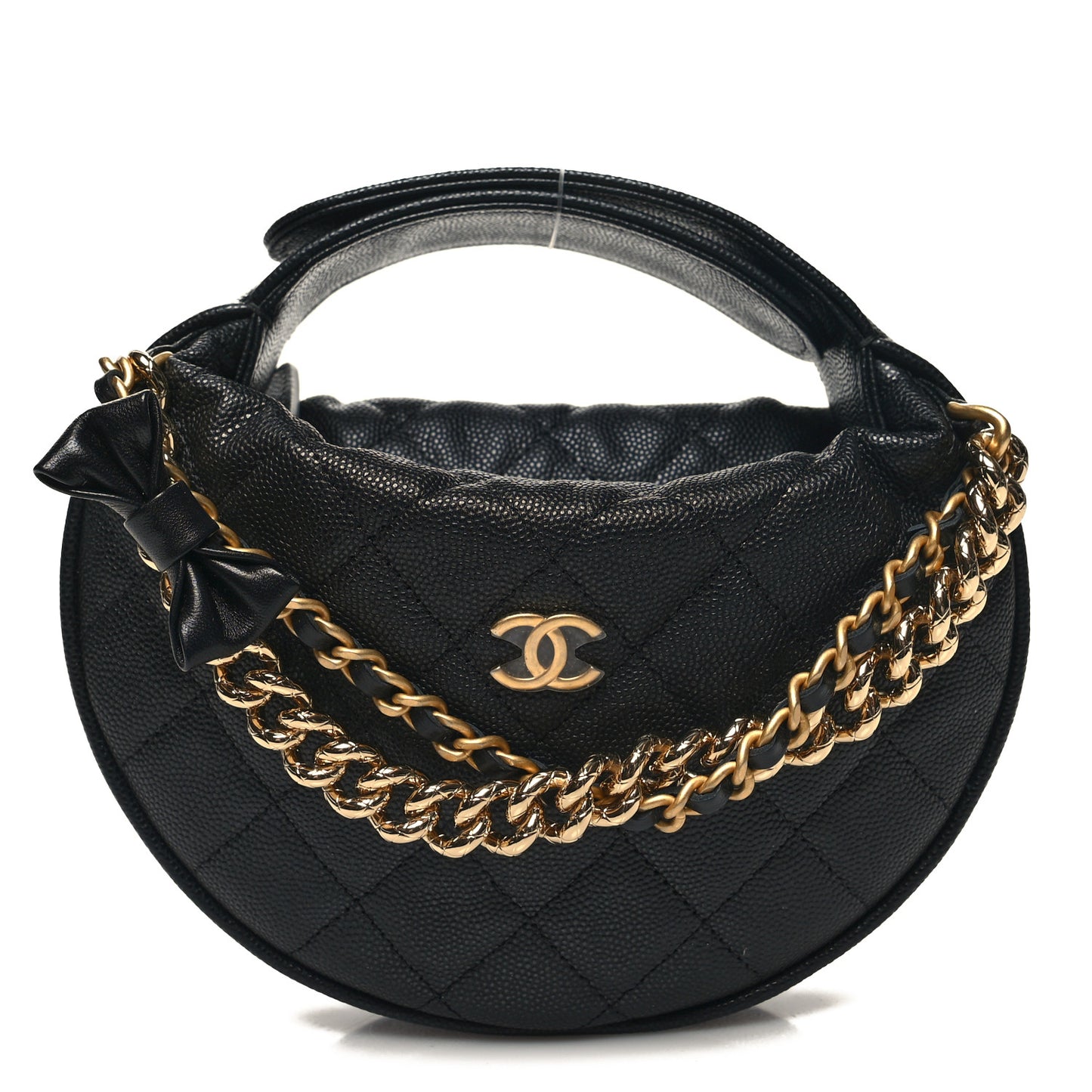 Shiny Caviar Quilted Bow Pouch Hobo Black