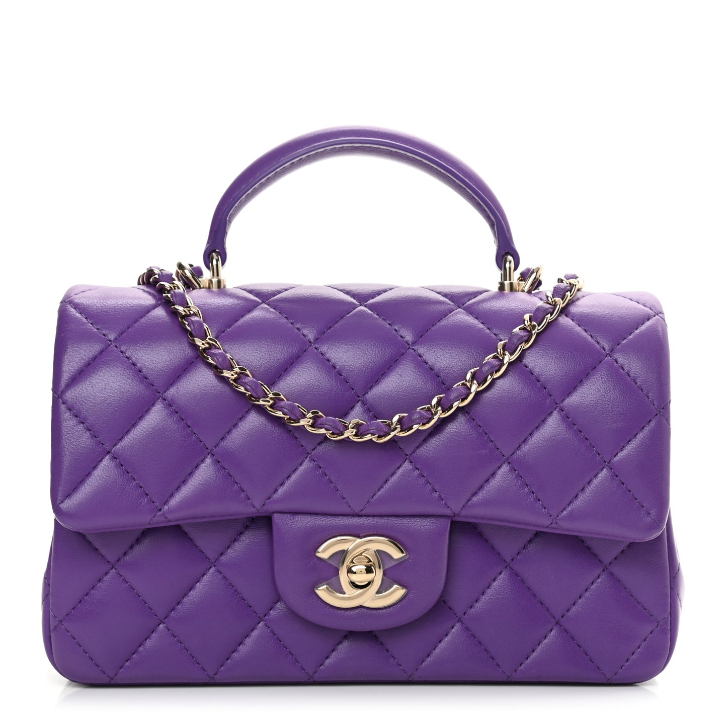 Lambskin Quilted Mini Top Handle Rectangular Flap Dark Purple