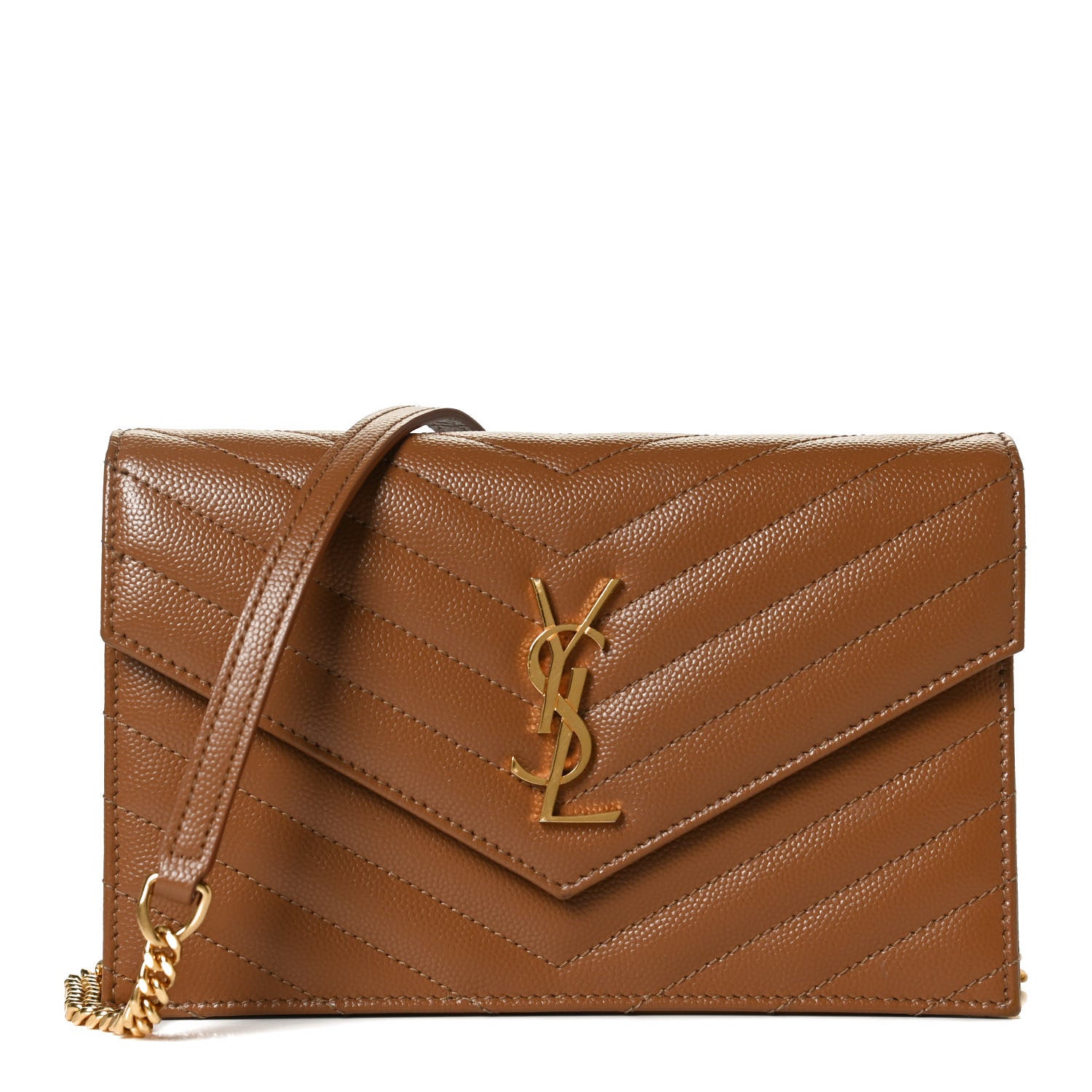 Saint Laurent Grain De Poudre Matelasse Chevron Monogram Envelope Chain Wallet Natural Dark 1 of 12