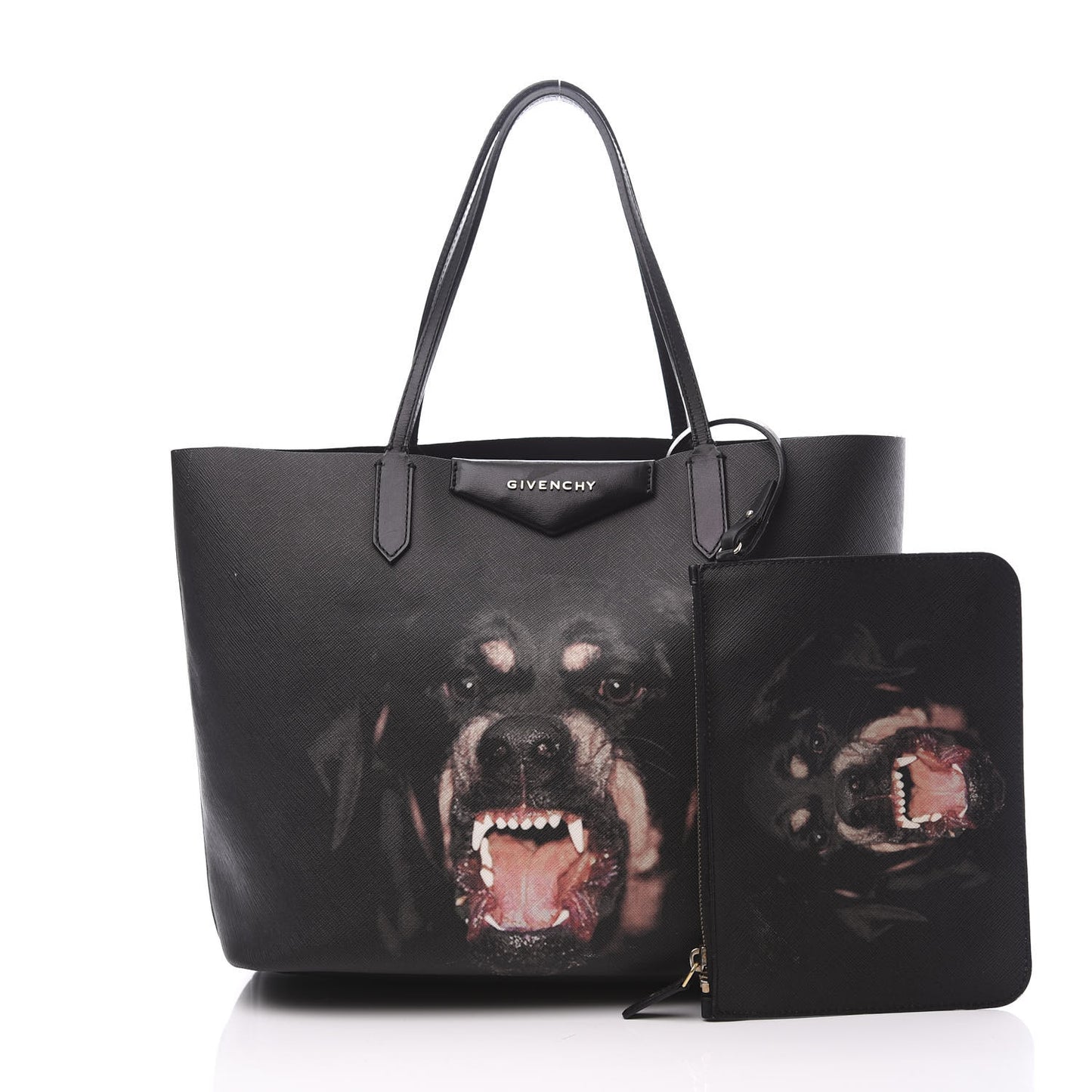 Textured Coated Canvas Rottweiler Print Medium Antigona Tote Black