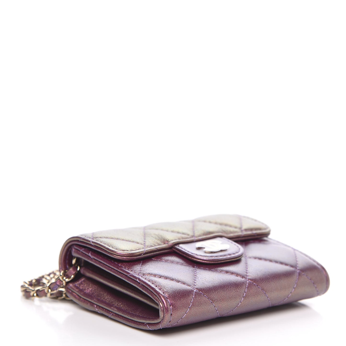Iridescent Lambskin Quilted Flap Card Holder On Chain Purple