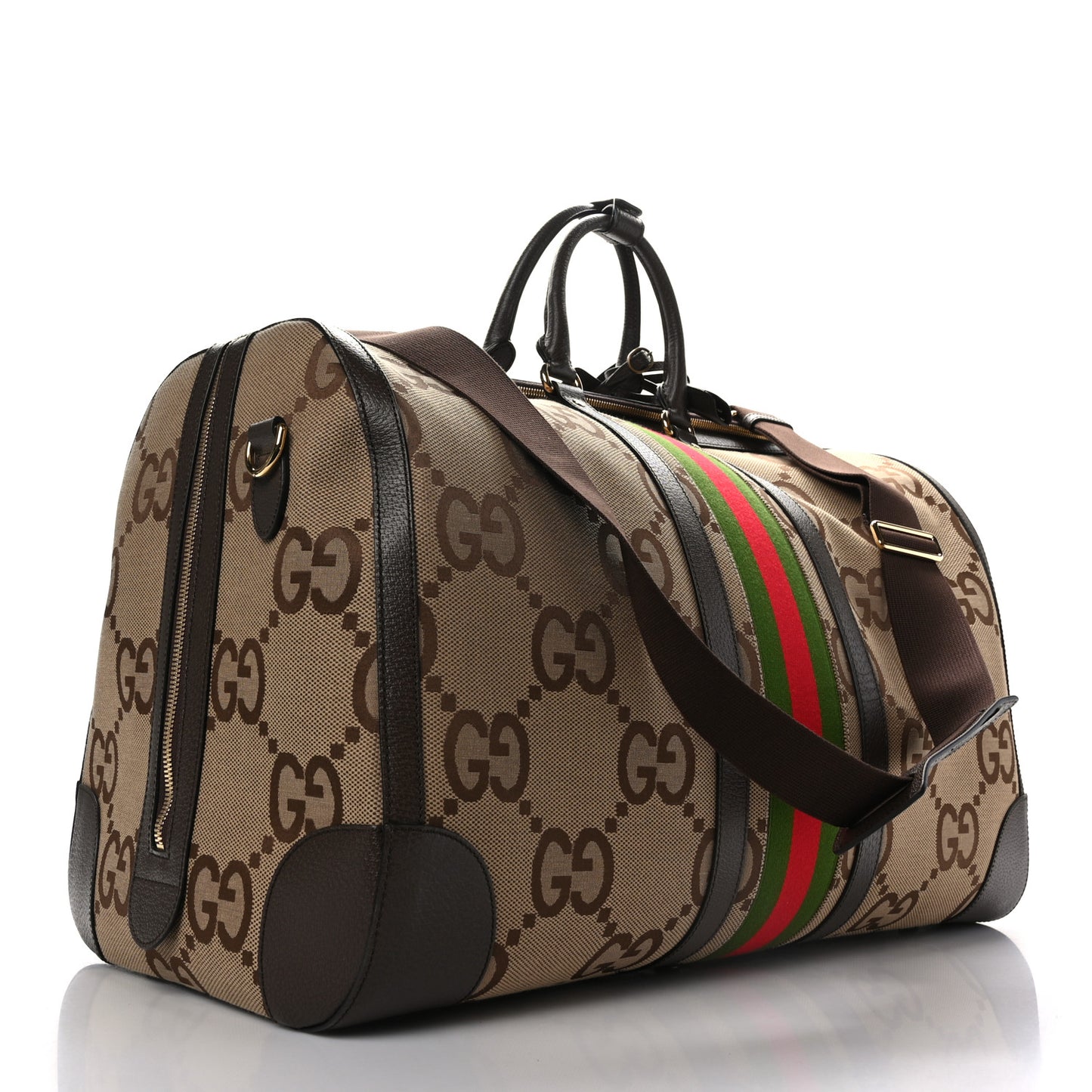 Monogram Jumbo GG Textured Dollar Calfskin Web Maxi Duffle Bag Camel Ebony